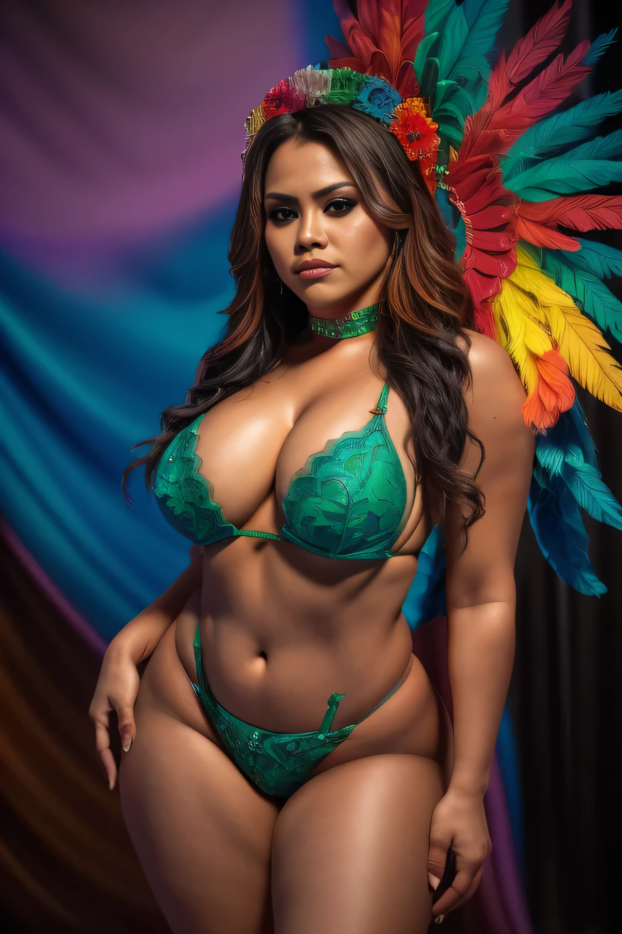 BZCDisfraz, (Vistoso:1.4), sombra profunda, (Fondo de calles de carnaval:1.3), (cafeti en la escena:1.3), Foto premiada, extremadamente detallado, Asombroso, buen detalle, absurdos, mujer muy detallada, tono de piel brillante, extremadamente detallado eyes and face, piercing crimson red eyes, cuerpo grueso, dos colas, golpes, volantes,wearing an extremadamente detallado BZCDisfraz in Green colors texture, con un tocado de marihuana en la cabeza, Carnival wings on the back of the body brown hair with colored tips.., seguro, exotic, erotic, ((pecho grande)), por lee jeffries nikon d850 film stock photography 4 kodak portra 400 cámara f1.6 lenses rich colors realistic texture hyperreal dramatic lighting unreal engine trend in artstation cinestill 800 tungsten,