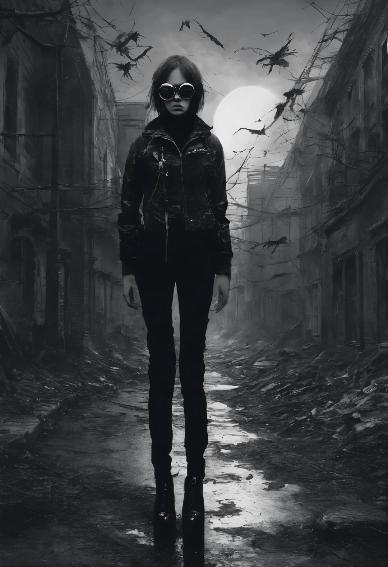 1girl , beautiful face, round black sunglasses, cabelo curto preto, legal, Terno Preto, black pant, Sapatos All-Star, Himeno, Standing up.