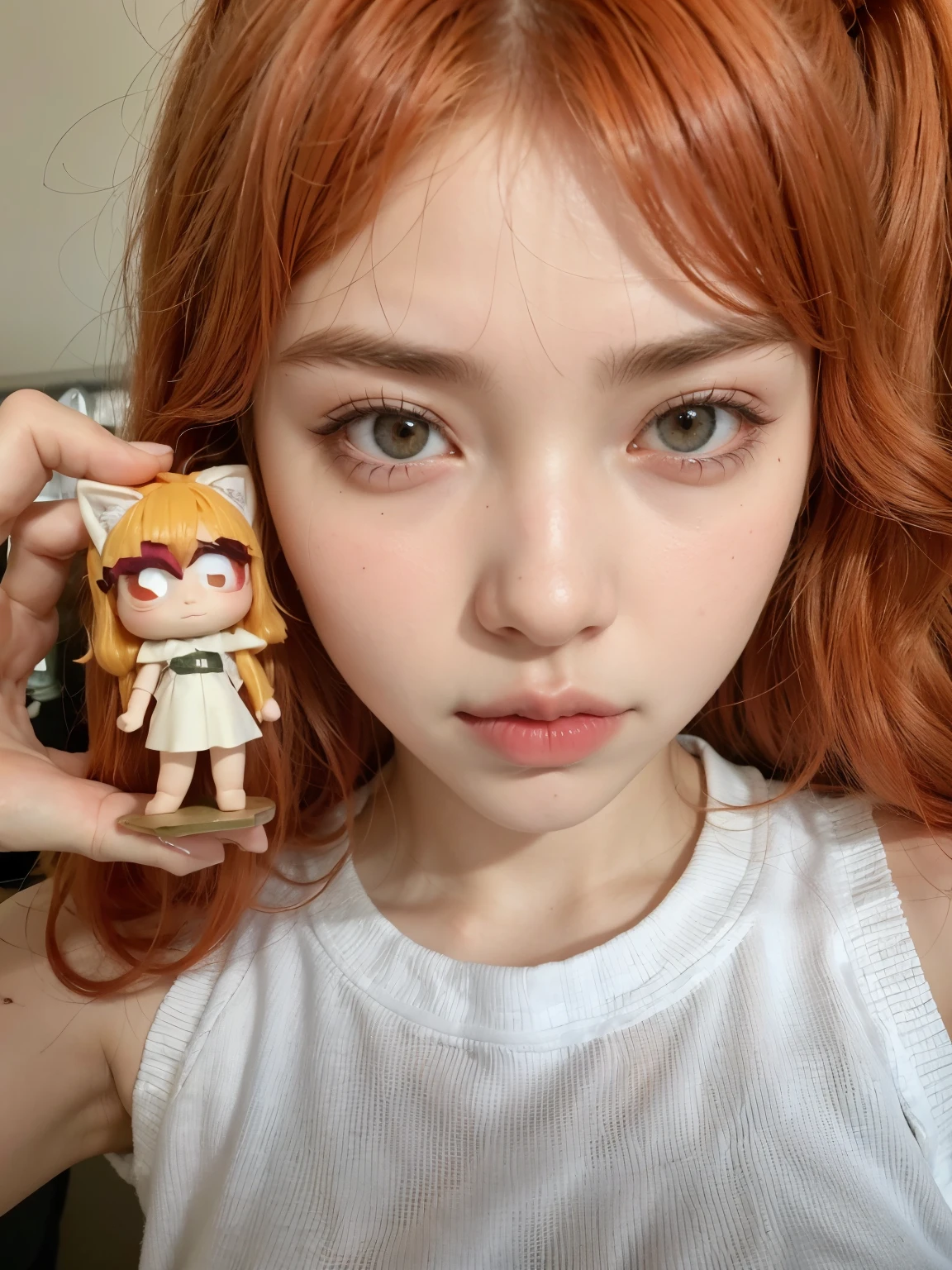 there is a girl with red hair holding a doll, madison beer as leeloo, kawaii realistic portrait, looks a blend of grimes, artwork in the style of guweiz, eva elfie, resembling a mix of grimes, leeloo, looks like a mix of grimes, realistic anime 3 d style, she looks like a mix of grimes, yunjin lesserafim 