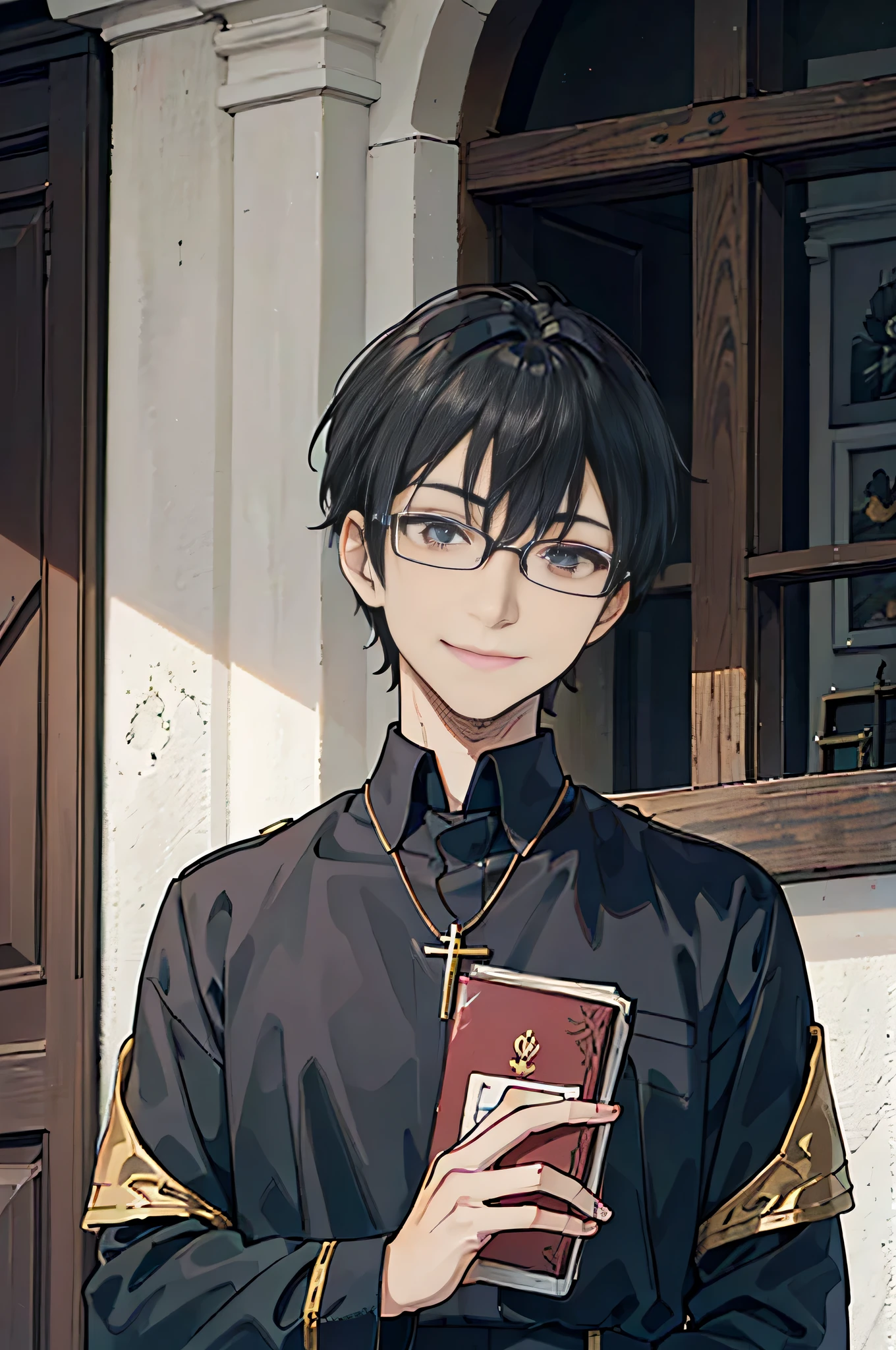 1 boy, youth, eyes staring at the camera, perfect male body, (priest,black clothes, Glasses, Bible in hand,cross necklace,evil smile),dramatic shadow, ray tracing,portrait,(masterpiece, High resolution, Super detailed:1.0),dark cave,