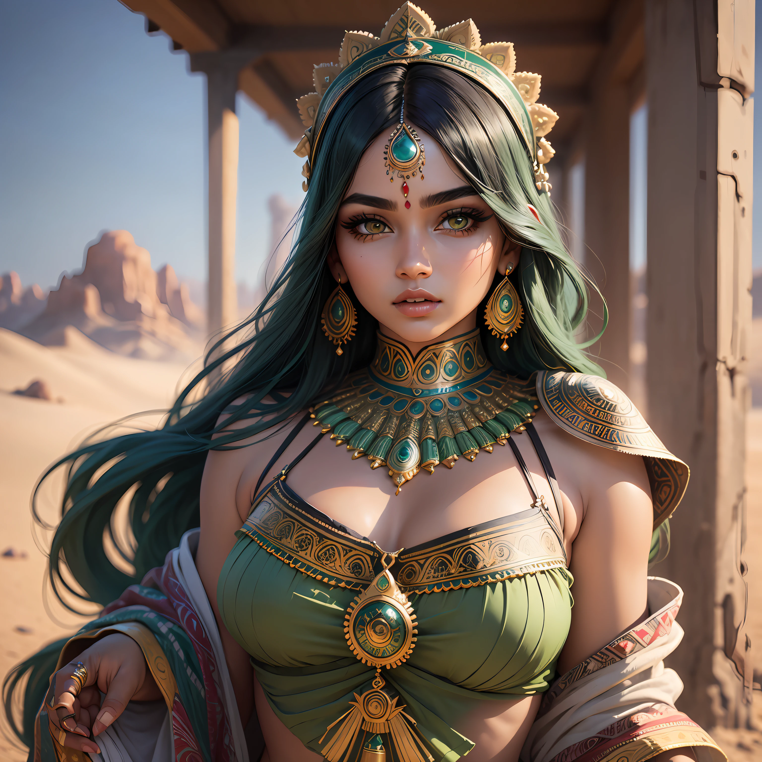(masterpiece:1.2), (best quality:1.2), perfect eyes, perfect face, perfect lighting, photoshoot, 1girl, mature female wearing SSAHC, SSAHC, dark-skinned, colorful tribal dress, headdress, thick eyelashes, makeup, eyeshadow, medium hair, oasis, desert detailed outdoor background --auto