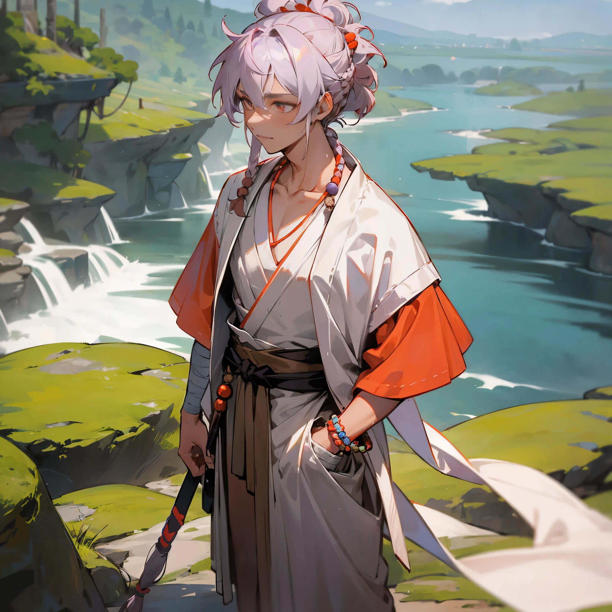 1male, adult, tan skin, finely detailed coral eyes, medium messy hair with braided man bun, pale lavender hair color, jedi robe, poncho, bandages wrapped around arms, bandolier across chest, prayer bead necklace, prayer bead bracelet, standing with hands in pocket, standing on mountain trail, waterfall