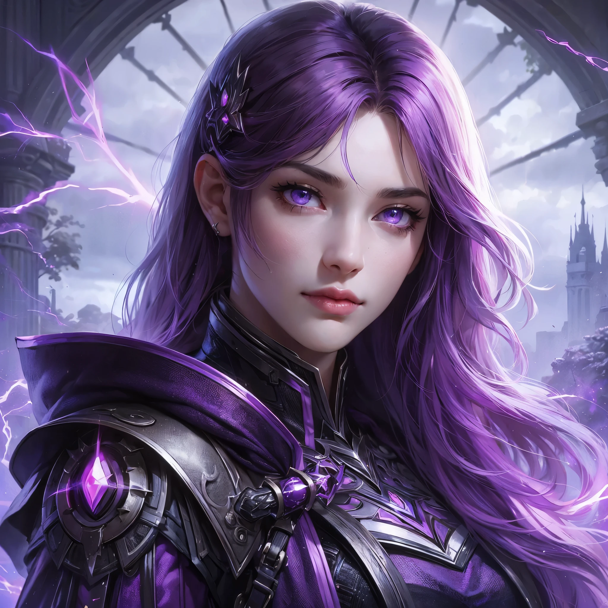 a fantasy novel style of a character portrait. She is 30 years old. She has purple long hair. She is pretty with purple eyes. She is wearing a purple, black and white medieval feminine fantasy warrior jacket style gear. She is beautiful. Purple lightning powers. Pose. Stomach Length picture. Brow raised. Full far Length portrait. Lightning dystopian background. Dark tragic theme.