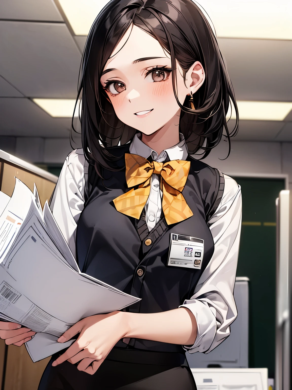 1 girl, Solo, 25 years old, Best Quality, Ultra-detailed, 8K, High resolution, Detailed face, from below, black hair, (((half up))), light smile, happy, (((office leady, office uniform, vest, bowtie, pencil skirt, ID card))), in the office, holding a bundle of papers,