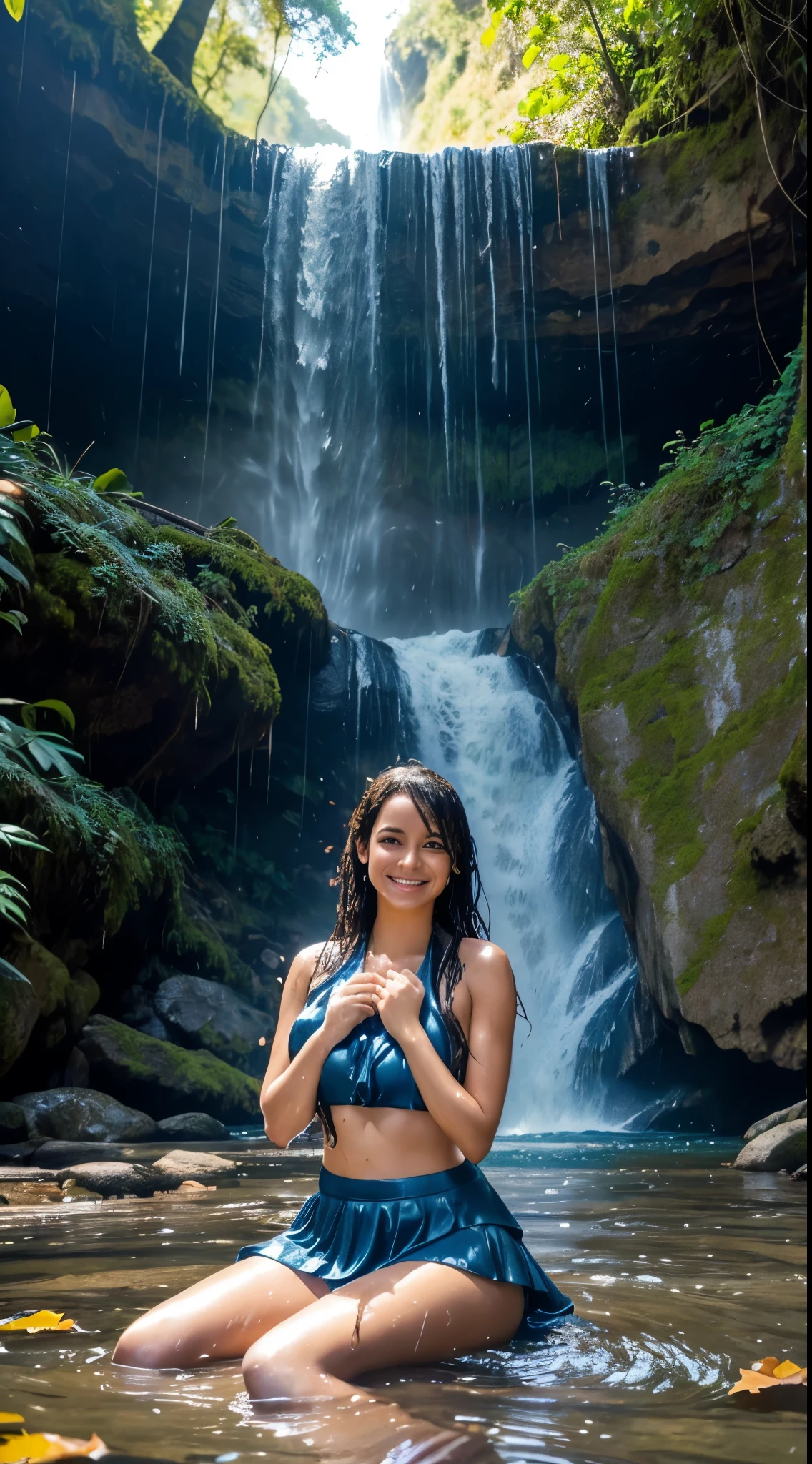 Bikini woman sitting in the water in a river, next to a waterfall, in water up to her shoulders, dripping wet, bathing in a waterfall, gorgeous lady, cute woman, gorgeous woman, in the water, gorgeous female, in a river in the jungle, blue cardigan, dark blue skirt, layered clothing, open neck, close up, depth of field, beautiful model, playing in waterfalls, with waterfalls, wet clothes, oily clothes, dripping water, running water, smile, autumn season