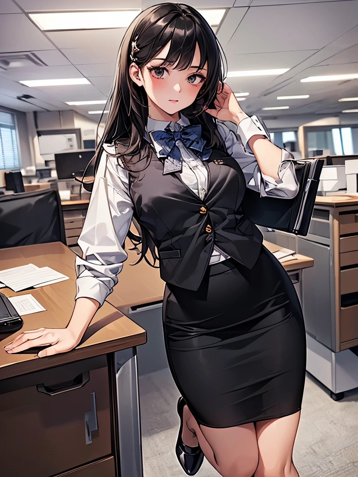 1 girl, Solo, 25 years old, Best Quality, Ultra-detailed, 8K, High resolution, Detailed face, black hair, (((half up))) (((office leady, office uniform, vest, bowtie, pencil skirt, pumps))), in the office, holding a bundle of papers,