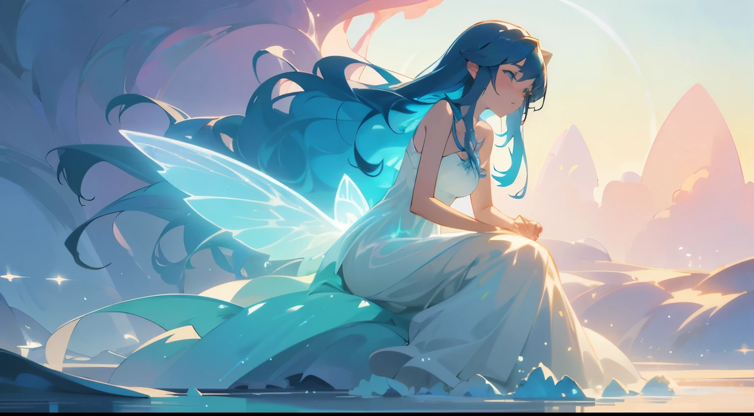 beautiful girl covered by seafoam, long dark hair, beautiful girl sitting in the water, dress made of white seafoam, water nymph, water fairy, watercolor illustration, inspired by Glen Keane, inspired by Lois van Baarle, disney art style, by Lois van Baarle, glowing aura around her, by Glen Keane, jen bartel, glowing lights! digital painting, flowing glowing hair, glowing flowing hair, beautiful digital illustration, fantasia otherworldly landscape plants flowers, beautiful, masterpiece, best quality, anime disney style, long blue hair, dark blue hai