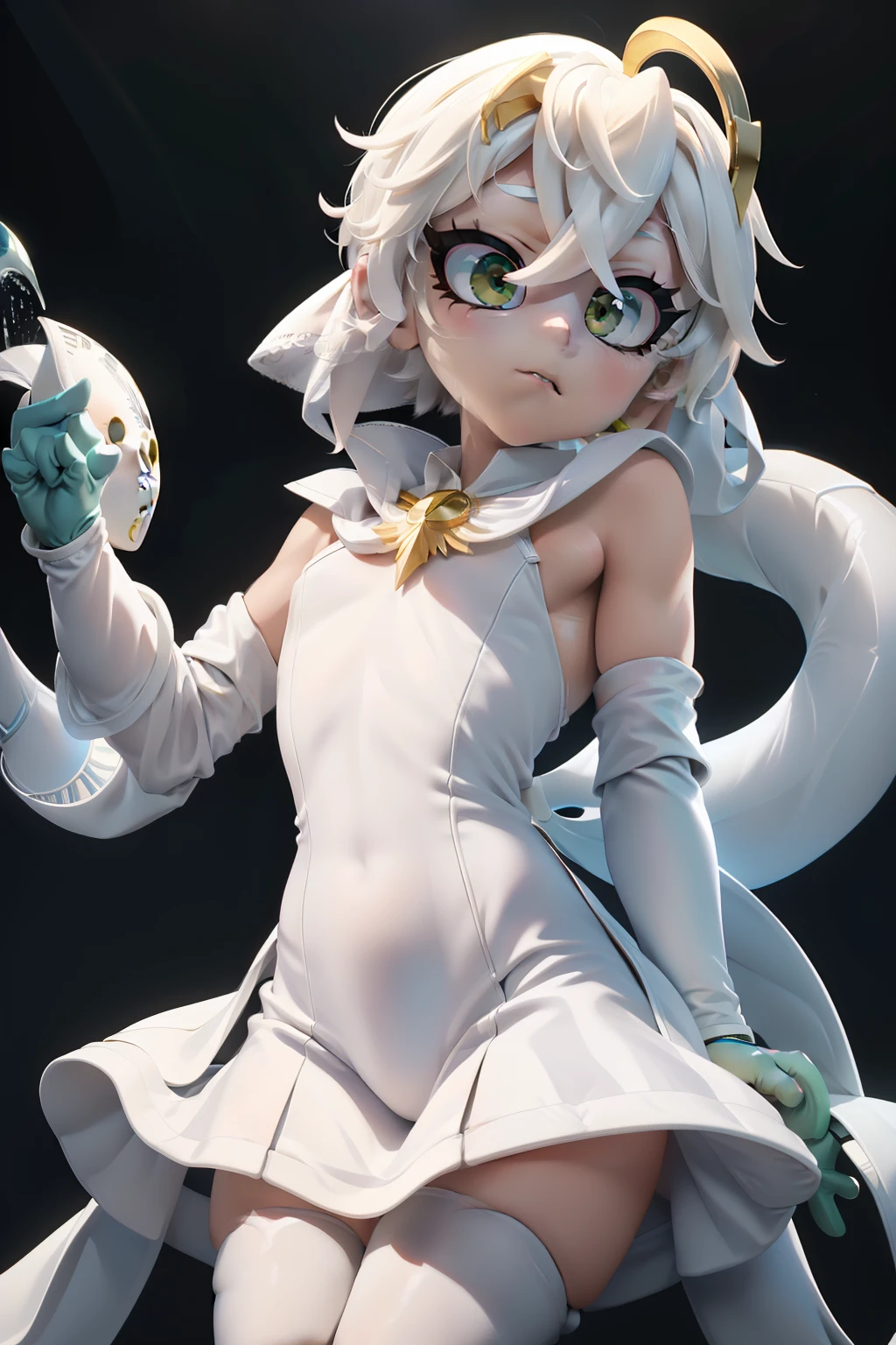 Angel boy, short white hair, androgynous, 1boy, male, femboy, flat-chested, , (big bulge), white thigh highs, ((golden sun mask)), covered eyes, gold jewelry, white elbow gloves, white dress, green snakes, white veil, perfect anatomy,