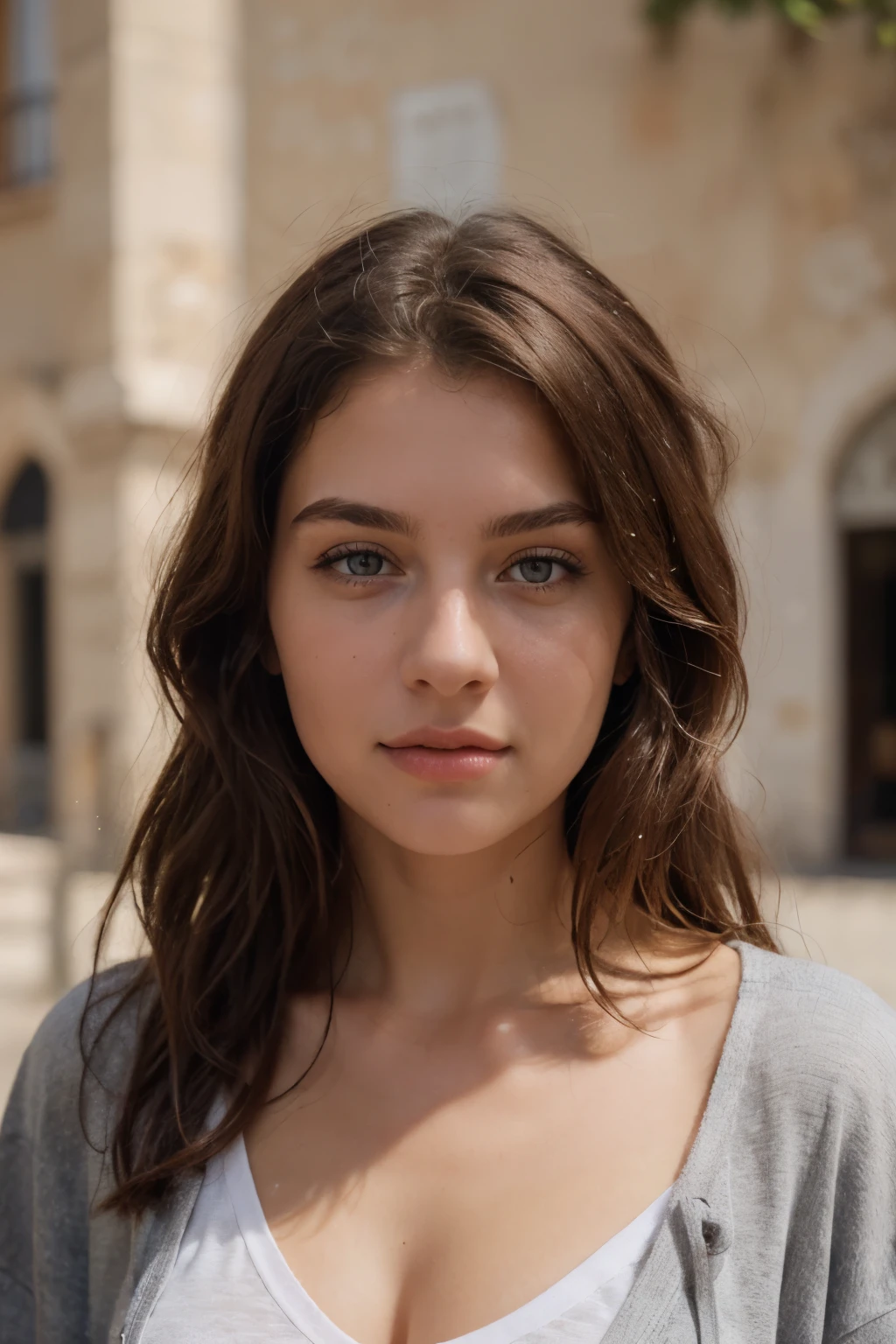 ((best quality)), ((Meisterwerk)), (Detailliert), Perfektes Gesicht,stunning realistic, photorealistic, photorealism, 1 beautiful spain girl,small nose,,Brown long hair,light curly hair,beautiful grey and hazel eyes,light sixpack,oversized hoodie