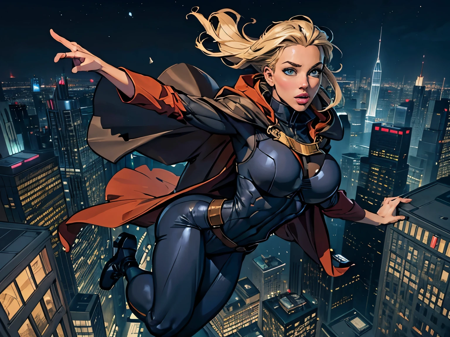 ((masterpiece,highest quality,8K,Super detailed,high resolution,High resolution)),(1 girl),(Heroine wearing an American comic style body suit:1.3),(wearing a cloak:1.3),whole body, floating softly in the air, (floating higher than the building:1.5),(From above),(The background is a city of skyscrapers at night seen from above.:1.5),looking at me,(big breasts:1.1),Thick thighs 1.1),(muscular:1.1),(Flying Pose:1.5)