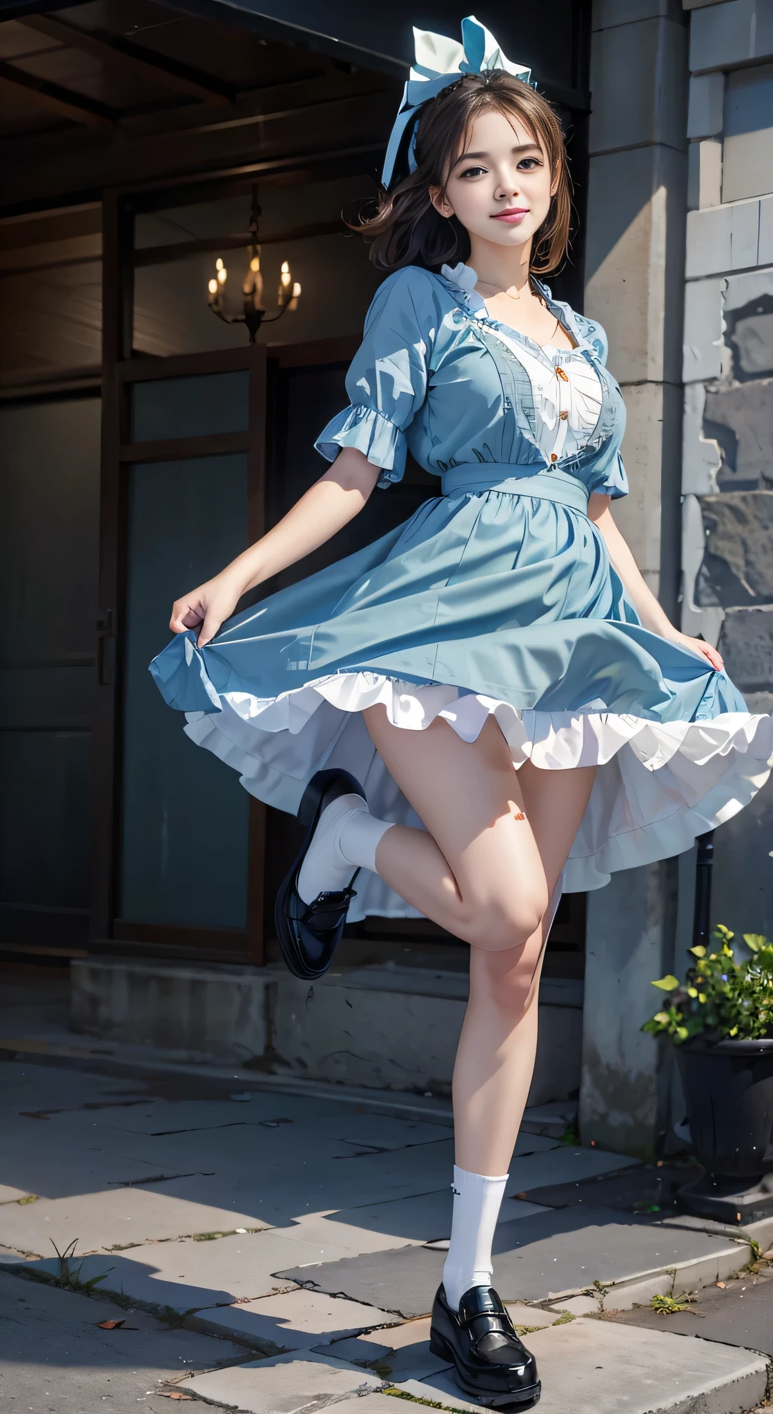 {highest quality}, {masterpiece, 超A high resolution}, (Photoreal:1.4), {{RAW photo}}, {{{A 16-year-old ****ta-like woman poses with her skirt pulled up and one leg raised...:smile：detailed eye：green}}, , {Alice Blue Dress, White socks and black shoes}, white background