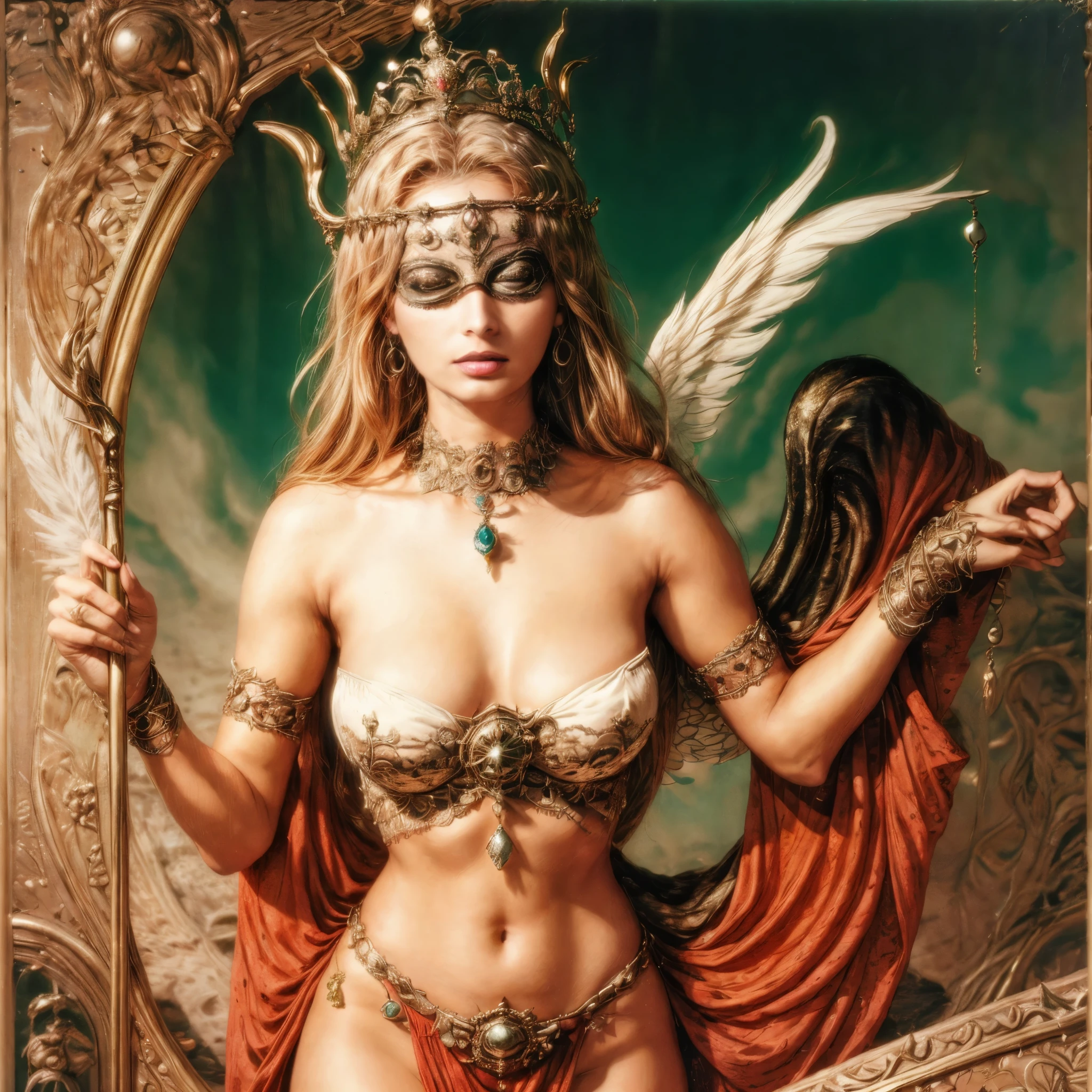 (best quality,4k,8k,highres,masterpiece:1.2),ultra-detailed, Roman goddess Fortuna, Lady Luck, wearing a lace blindfold, winged, eyes covered, wearing a crown, and bearing a scepter and cornucopia, blindfolded, drawn in the style of Yoshitaka Amano, HDR, 8k, absurdres, cinestill 800, sharp focus, add_detail:2 (full body, solo woman, majestic pose)