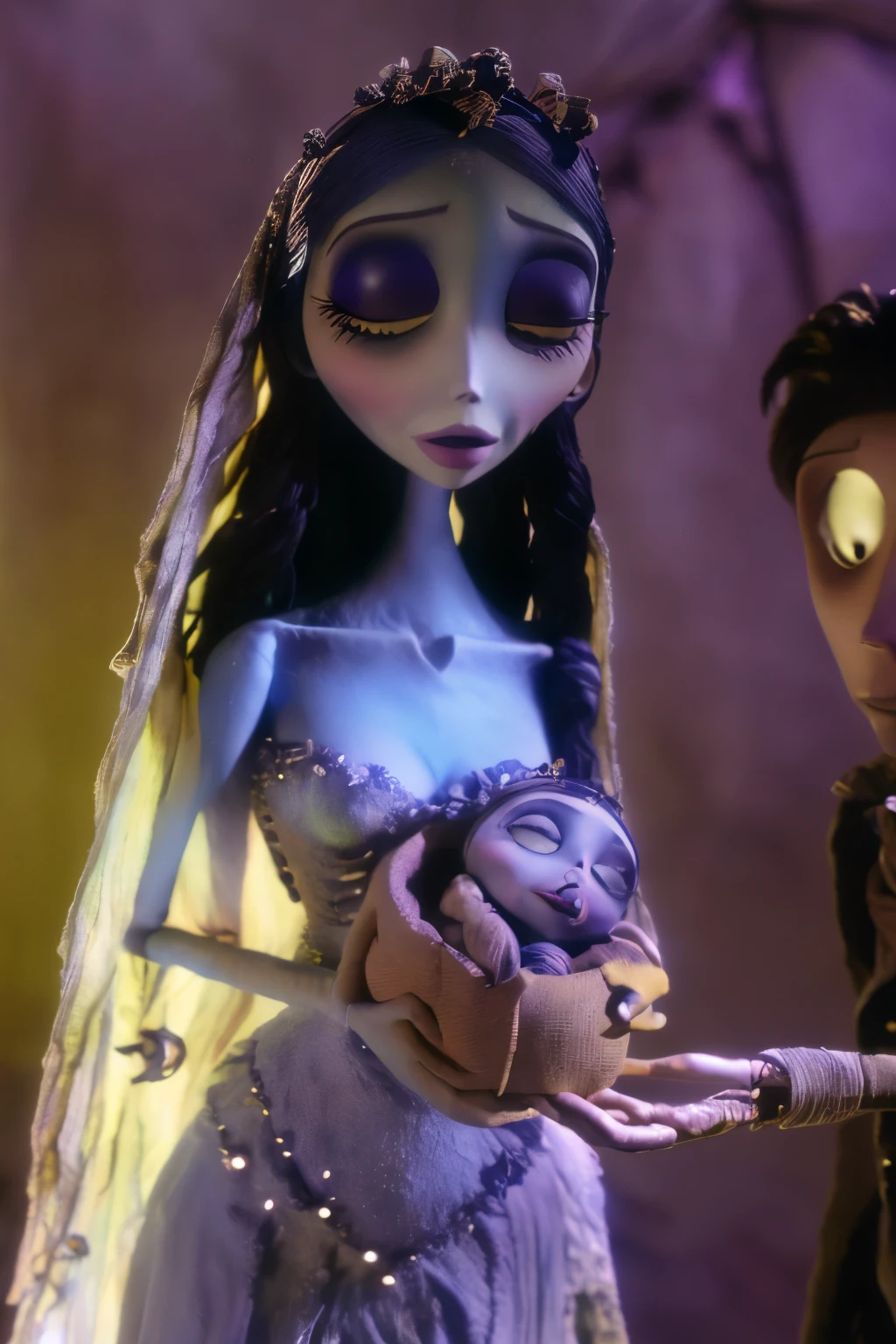 (best quality,4k,8k,highres,masterpiece:1.2),ultra-detailed,(realistic,photorealistic,photo-realistic:1.37),Victor and Emily Everglot are cradling their adorable newborn baby in Corpse Bride's hauntingly beautiful world. The scene exudes parental joy, capturing the overwhelming love and the delicate dynamics of their new family. Victor and Emily's eyes sparkle with happiness, complemented by their gentle smiles. The intricate details of their faces, including their expressive eyes and lips, are impeccably rendered. The soft glow of studio lighting highlights their features, creating a flawless representation. The setting is a surreal and eerie environment, reminiscent of Corpse Bride's distinctive aesthetic. The color palette is carefully chosen to evoke a sense of otherworldliness, with muted tones interspersed with pops of vibrant hues. The lighting casts enchanting shadows, adding depth and mystery to the scene. The delicate intertwining of Victor, Emily, and their newborn radiates warmth and tenderness, symbolizing the beautiful bond of family and the joys of parenthood. This art piece is akin to a captivating painting that showcases the seamless fusion of emotions, storytelling, and artistry.