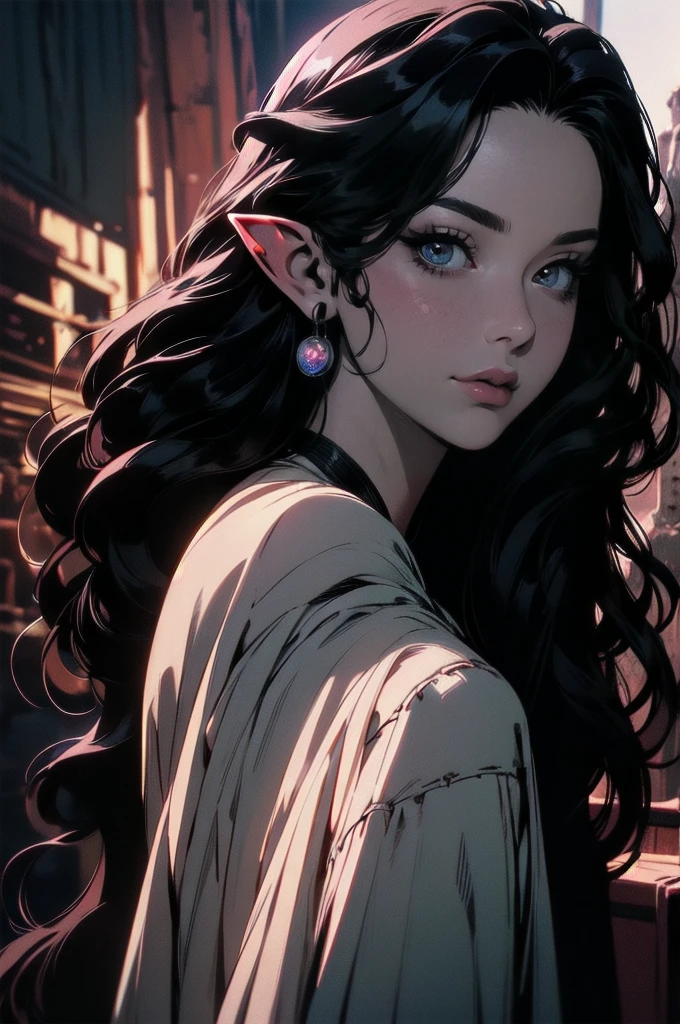 { -  error}(Masterpiece - Ultra-detailed, very high resolution)moonlight, hyper-realistic of a mysterious woman with flowing black hair, ears of elf, piercing opal eyes, and a delicate floral crown, delicate smile, upper body, backwards, looking back, small neck, with chin on shoulder