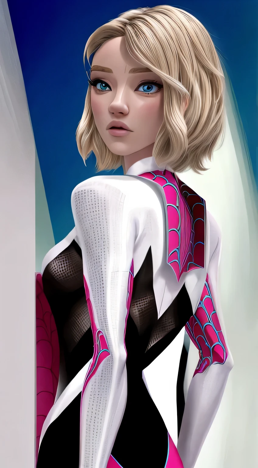 Gwen Stacy em moderno terno longo casaco Frock, Traje moderno de Spider-Gwen, moda moderna, preto longo Frock coat moda, Bela Gwen Stacy, casaco Frock longo moderno em vez de traje de mulher aranha, descrever de forma concisa e moderna