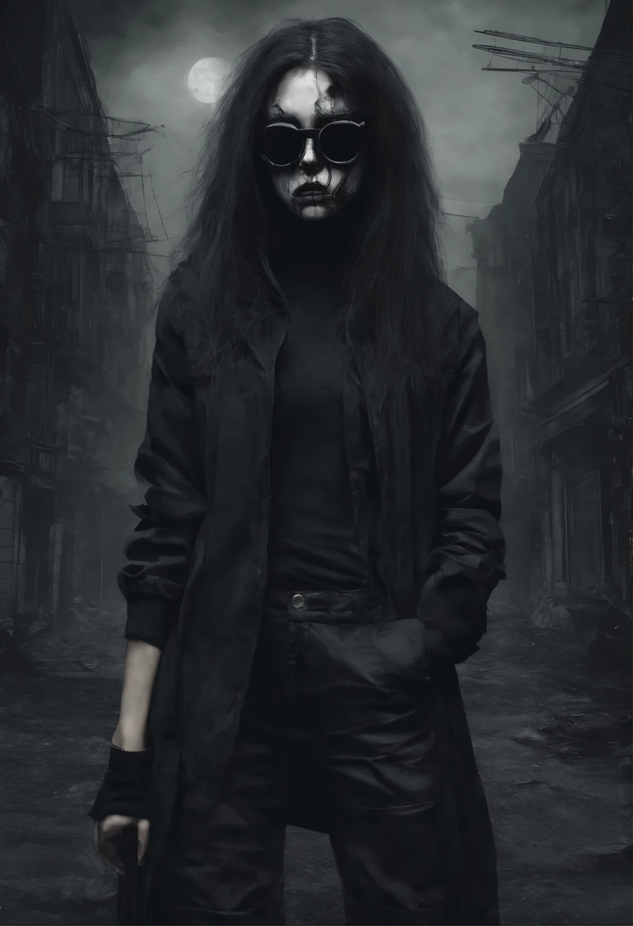 1girl , beautiful face, round black sunglasses, cabelo curto preto, legal, Terno Preto, black pant, Sapatos All-Star, Himeno, Standing up.