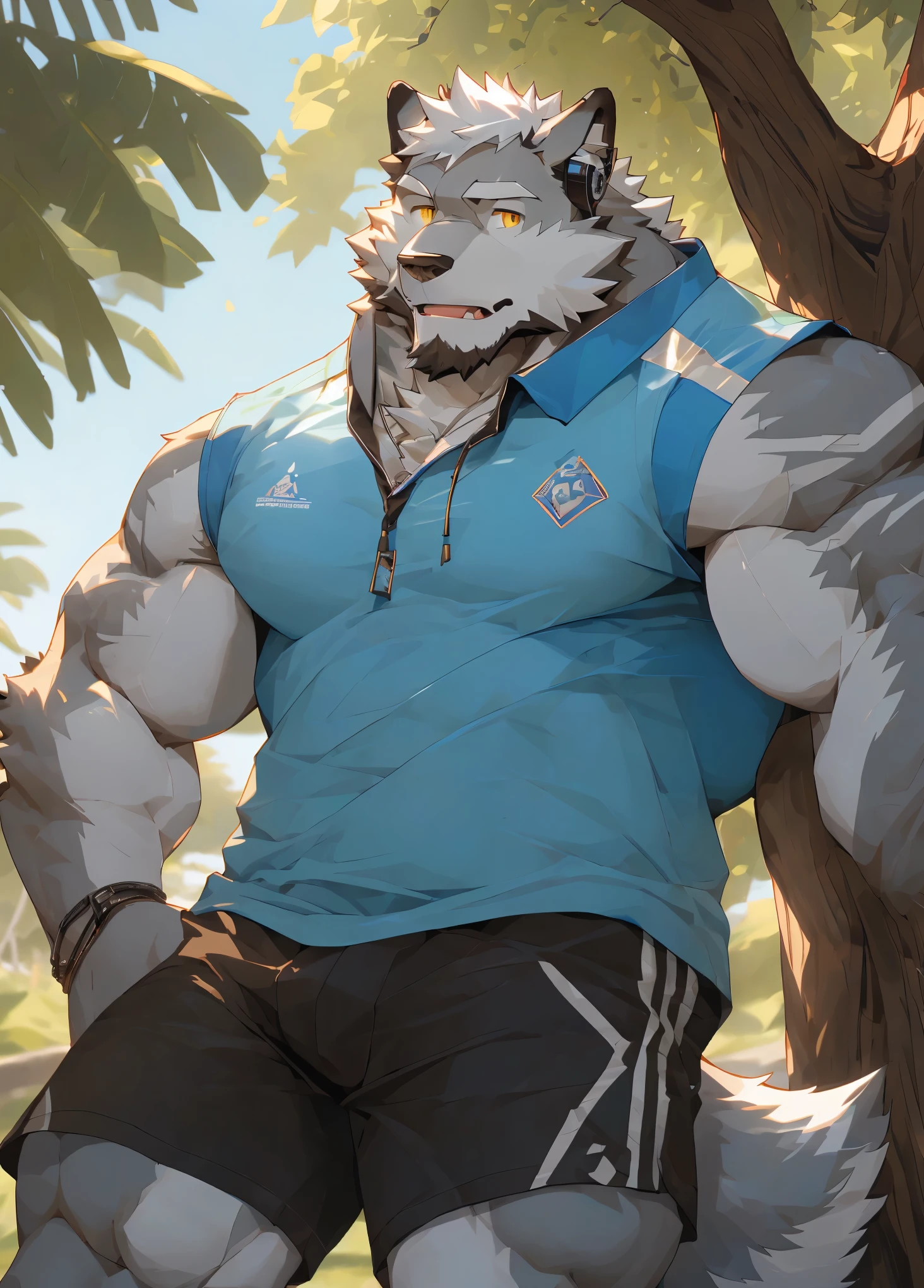(masterpiece),(Very detailed),(best quality),hairy,Wolf,gray fur,white hair,golden pupils,muscular,((casual wear,shorts)),((convex)),leaning against tree,wearing headphones,(sideways close-up 1.2),8k,((high quality))