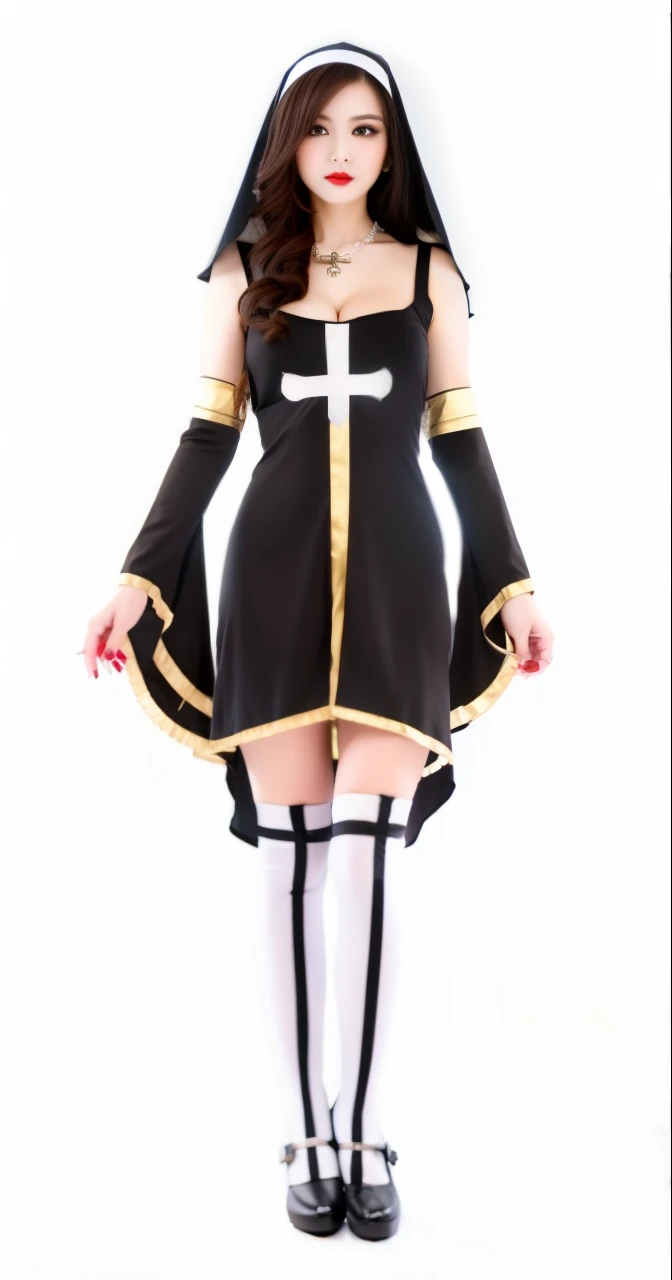 a woman in a nun costume with a cross on her chest, nun outfit, nun fashion model, vampire nun, single sexy female nun, nun, high quality costume, nun, big breast, cleavage, nun fashion model looking up, inspired by Master of the Legend of Saint Lucy, saint skeleton queen, gilded black uniform, majestic saint woman, holy themed