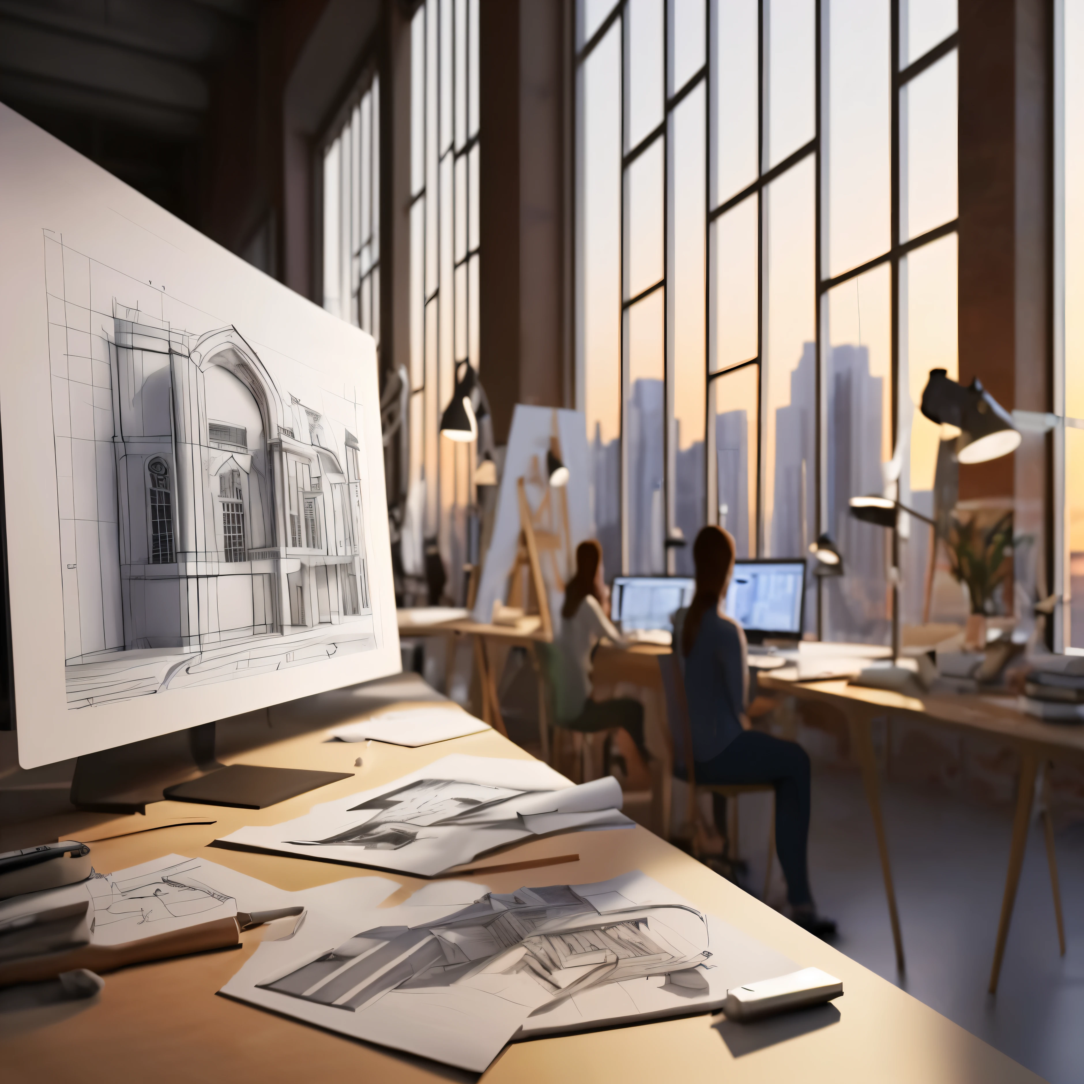 there is a desk with a computer and a drawing on it, architectural rendering, realistic architecture, drawing architecture, precise architectural rendering, a photorealistic rendering, architectural painting, architectural render, artistic impression, artistic pose, architectural visualization, architectural illustration, architecture drawing, high quality architectural art, architectural visualisation, autodesk 3 d rendering, autodesk 3d rendering
