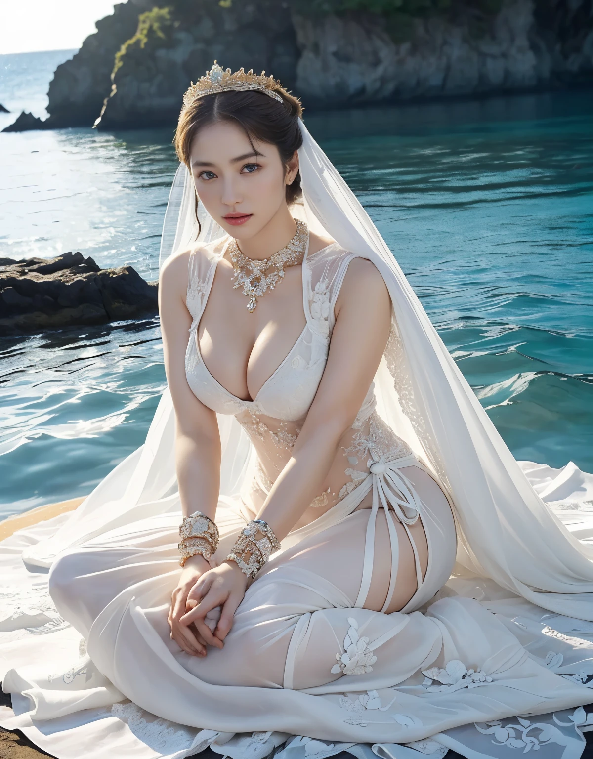 highest quality、masterpiece、超A high resolution、16K photos、(Yellow Dragon Armor)、((()))、(((a large flower ornament))),(((Micro bikini with attention to detail))),(wears a beautiful crown made of precious stones),(Photoreal:1.4)、RAW photo、1 girl、(((random hair))、(((take various poses)))、glowing skin、(((white dragon)))、intricate and gorgeous hair ornaments、(Looks like a gorgeous jewelry necklace)、(whole body angle)、(fight big dragonet bikini)、((beautiful sea background)),(beautiful sea background)、((Super realistic details))、Portrait、global illumination、(sexy pose)、dow、octane rendering、16K、big breasts、Rased in the cleavage、Metal、intricate ve details、Japan details、very intricate details、blue eyes、Eyes shining towards the camera、two stock、(whole body angle)、(veil)、(((heavy big))),((she is wearing a beautiful jeweled bangle.)),