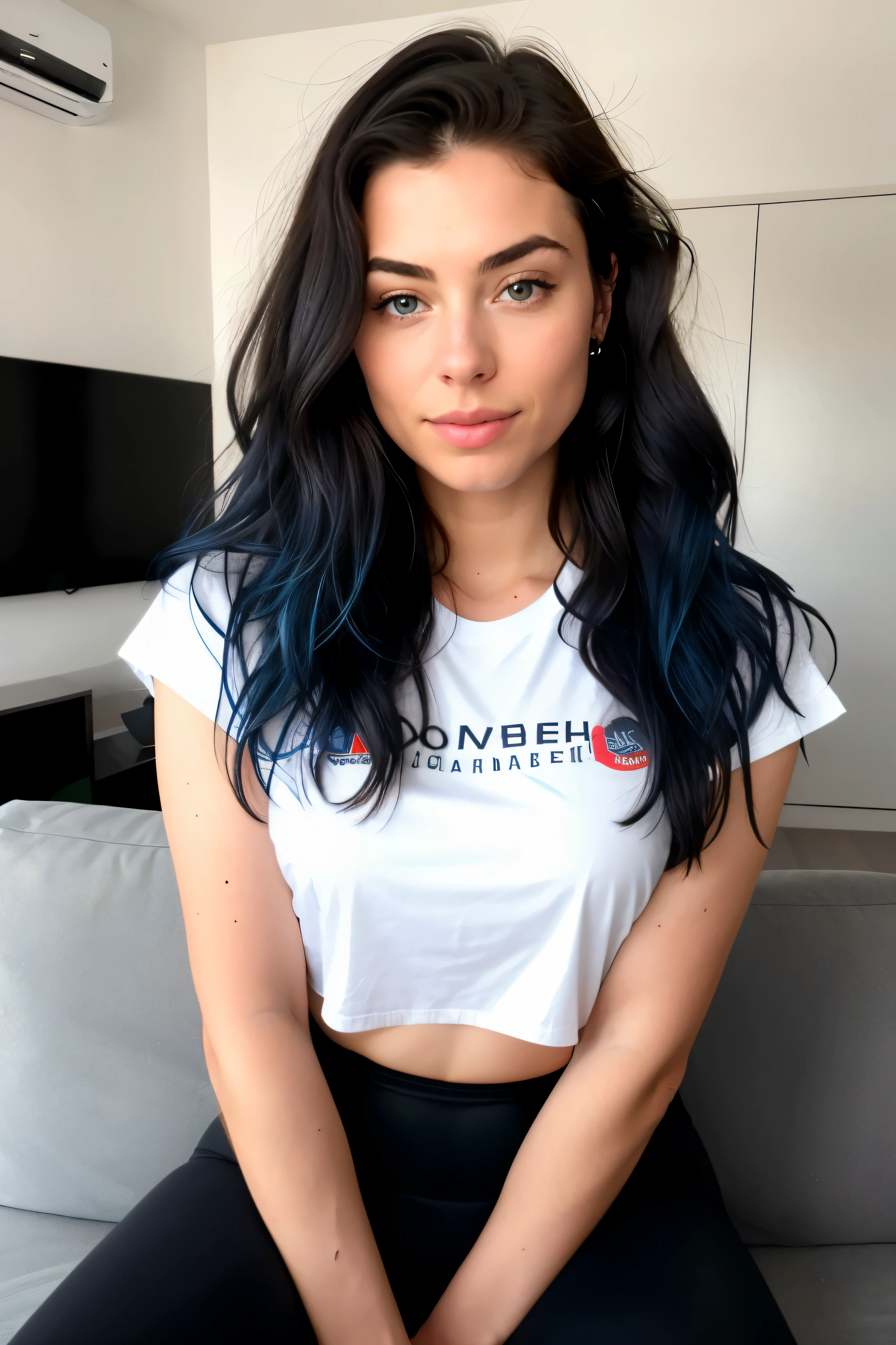 beautiful woman, Langes glattes dunkles Haar, wears a white T-shirt with no print, wears black leggings, Vorderansicht (Abends in einem modern eingerichteten Wohnzimmer auf einem Sofa sitzend), Peyton List (1986), Sehr detailliert, 20 Jahre, natural wave hair, Hair length approximately to chest height, blaue Augen, high resolution, Meisterwerk, best quality, Komplizierte Details, sehr detailliert, scharfer Fokus, detaillierte Haut, detaillierte Augen, 4k, Cannon shooting, 85mm, shallow depth of field, Perfectly fitting body, extremely detailed, Fotorealistisch, Realistisch, Maximale Detailgenauigkeit, wahres Leben, Ultra Realistisch, stimmungsvolle dunkle Beleuchtung