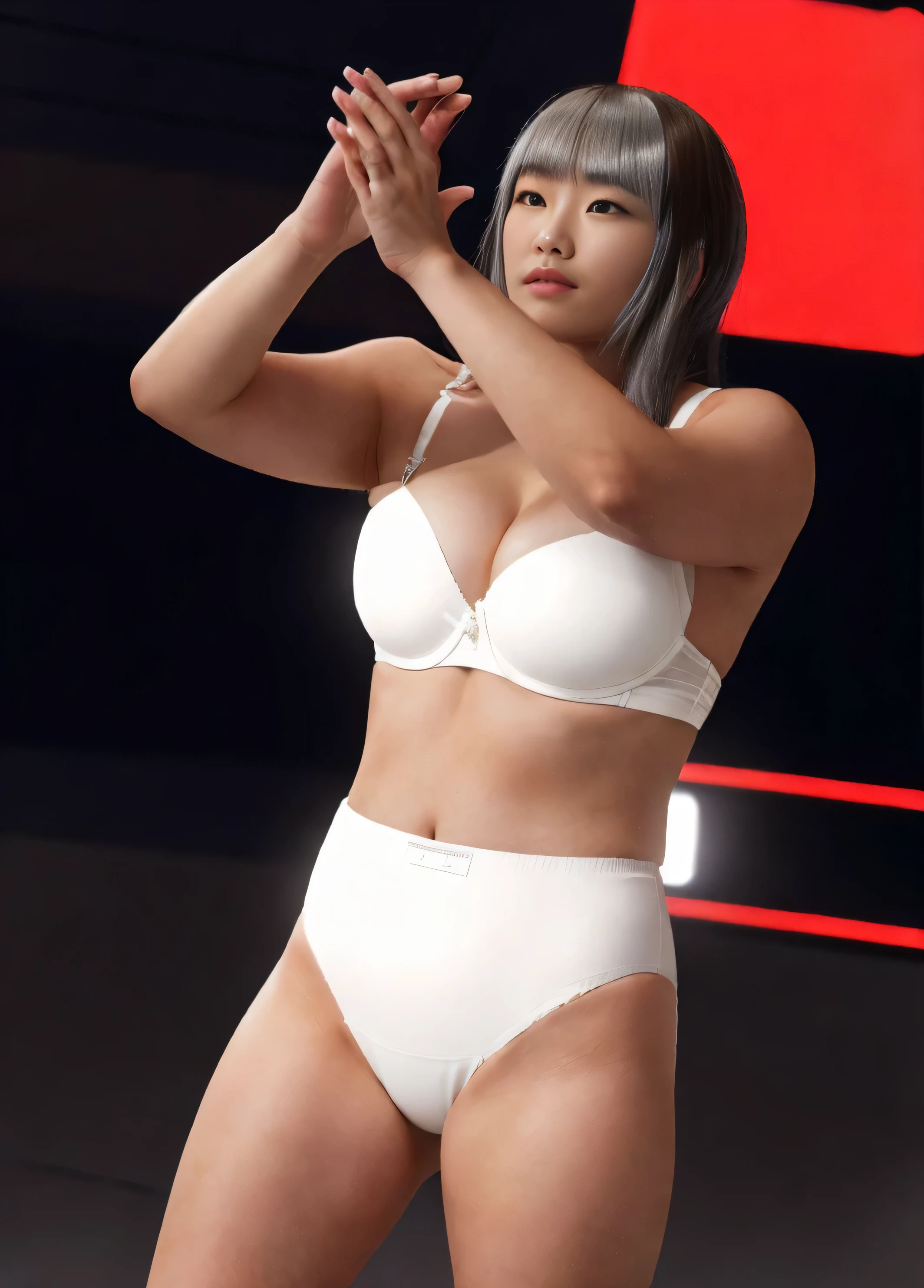 ((masterpiece, best quality)), ((29 year old)), (((Curvy))), (((Sarray))), ((Japanese woman with long brown hair with silver bangs)), in white bra, ((white high cut panties)), Clapping hands, (Standing on a spaceship), (((photo realistic)))