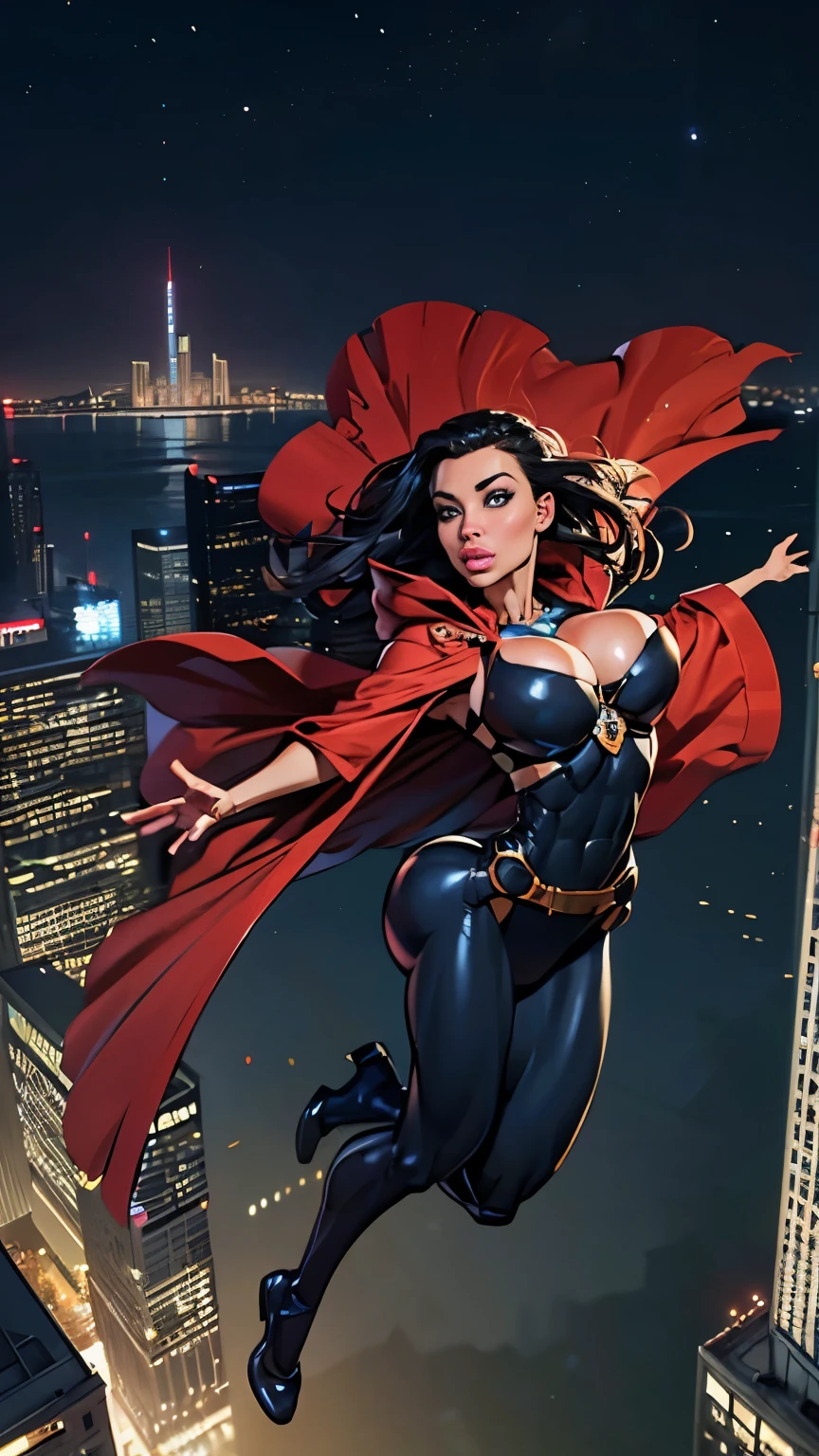 ((masterpiece,highest quality,8K,Super detailed,high resolution,High resolution)),(1 girl),(Heroine wearing an American comic style body suit:1.3),(wearing a cloak:1.3),whole body, floating softly in the air, (floating higher than the building:1.5),(From above),(The background is a city of skyscrapers at night seen from above.:1.5),looking at me,(gigantic breasts:1.3),Thick thighs 1.1),(muscular:1.1),(Flying Pose:1.5),(aletta ocean face)