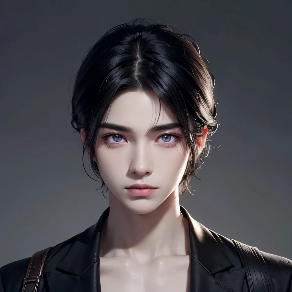 Boy, black hair, violet eyes, sharp features, white skin, simple style