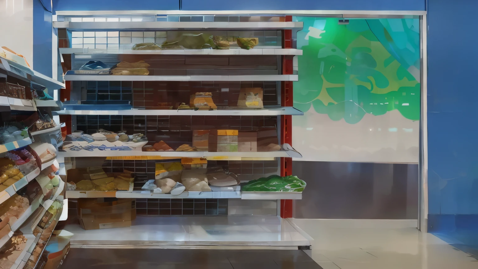 interior of a grocery store, tres outside, blue wall, white wall, dry food,glowing floor, table front and left, makoto shinkai.