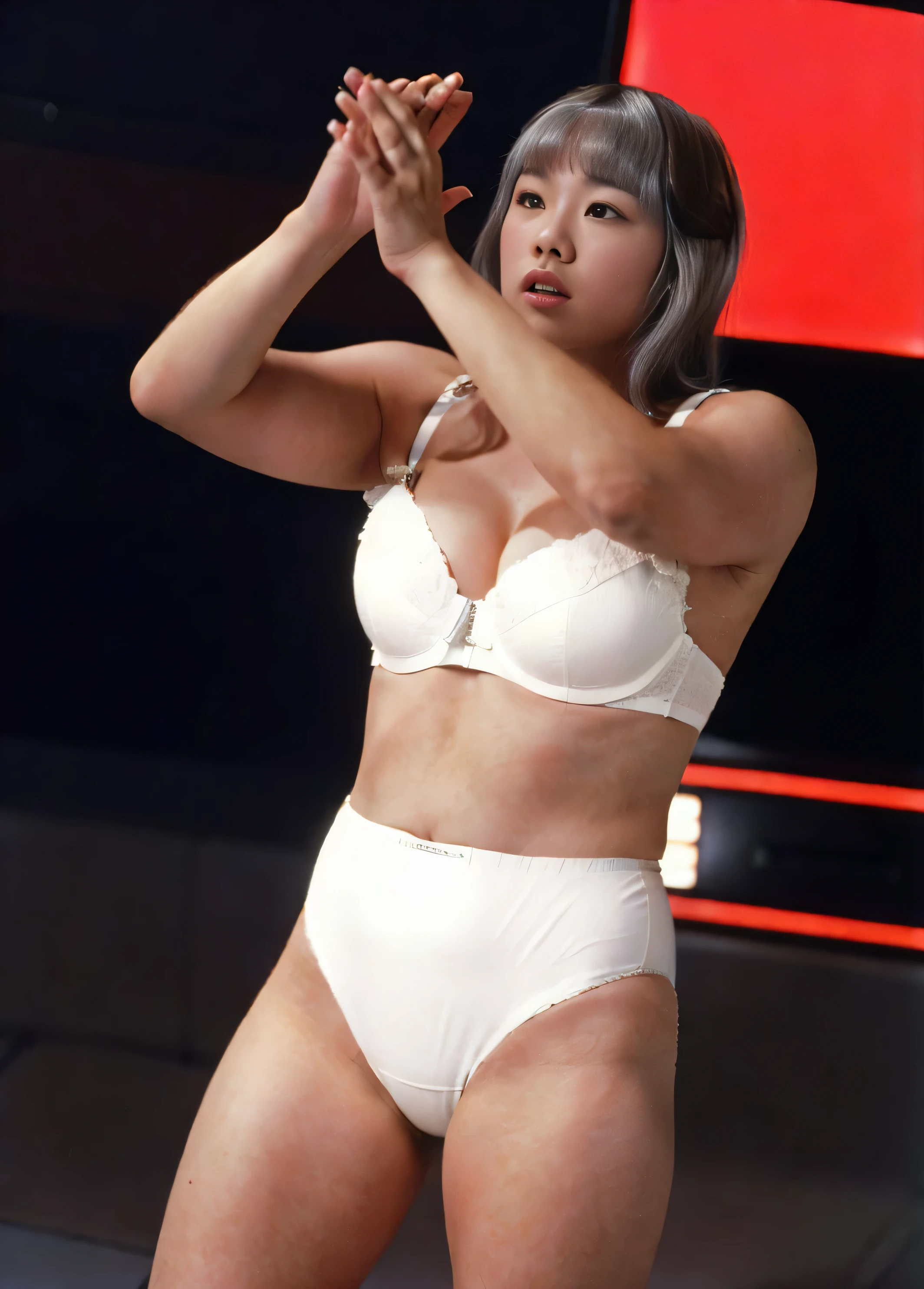 ((masterpiece, best quality)), ((29 year old)), (((Curvy))), (((Sarray))), ((Japanese woman with long brown hair with silver bangs)), in white bra, ((white high cut panties)), Clapping hands, (Standing on a spaceship), (((photo realistic))), ((80's film, 80's movie scene, 80's TV Style))