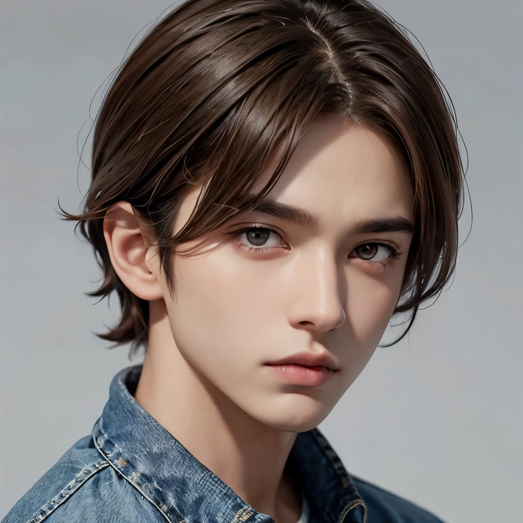 Boy, brown hair, gray eyes, serious sharp features, white skin, jeans style