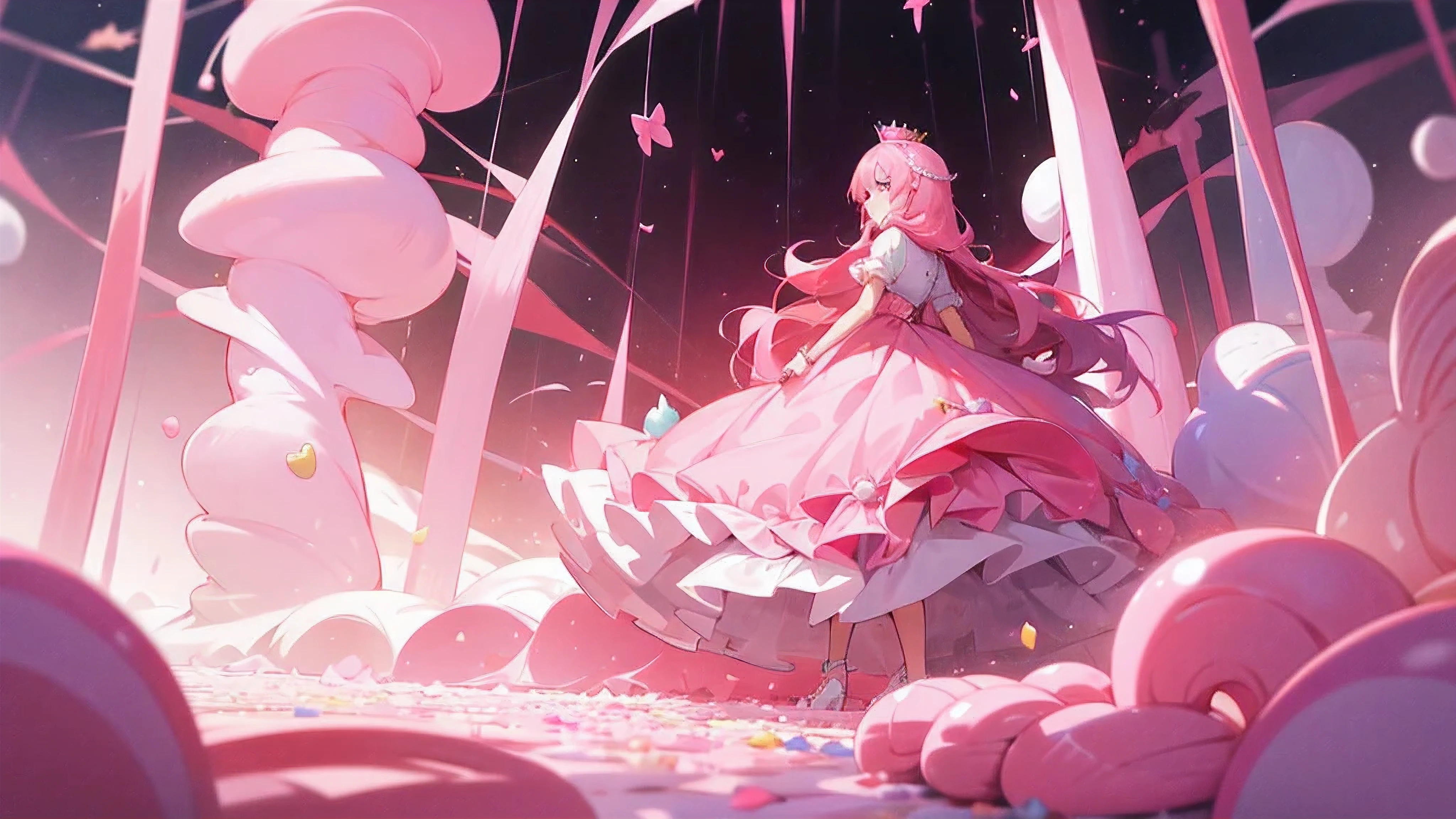 1 chica, pelo largo y rosa, con un vestido rosa de princesa, walking in a candy garden