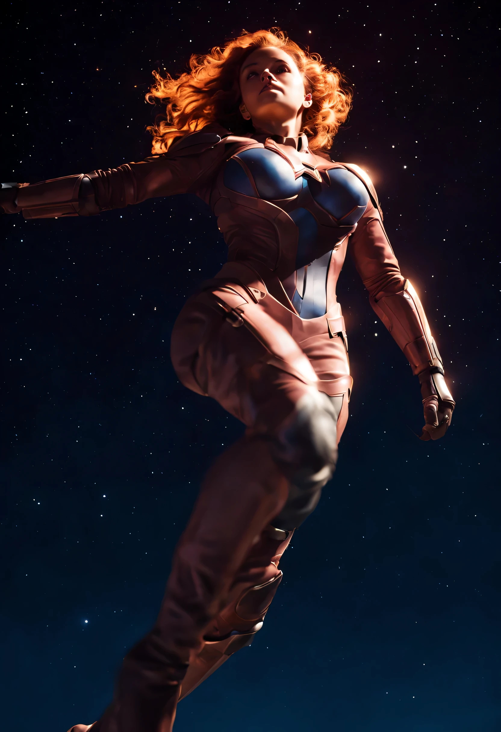 Night sky with bright nebula, heroic female character full body looking up, highest quality output kodak gold 400 film