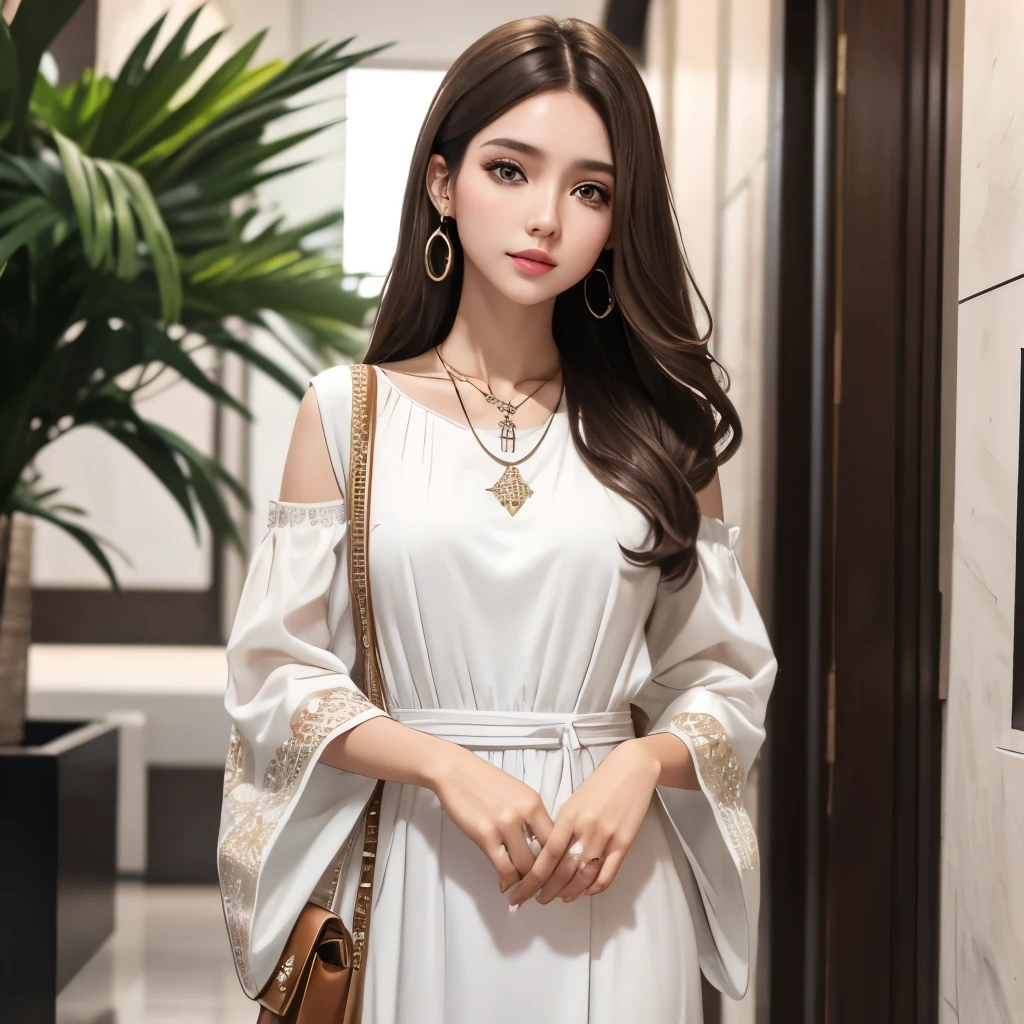 Girl, long brown hair, gray eyes, sharp features, white skin, earrings, necklace, long dress with sleeves, bag
