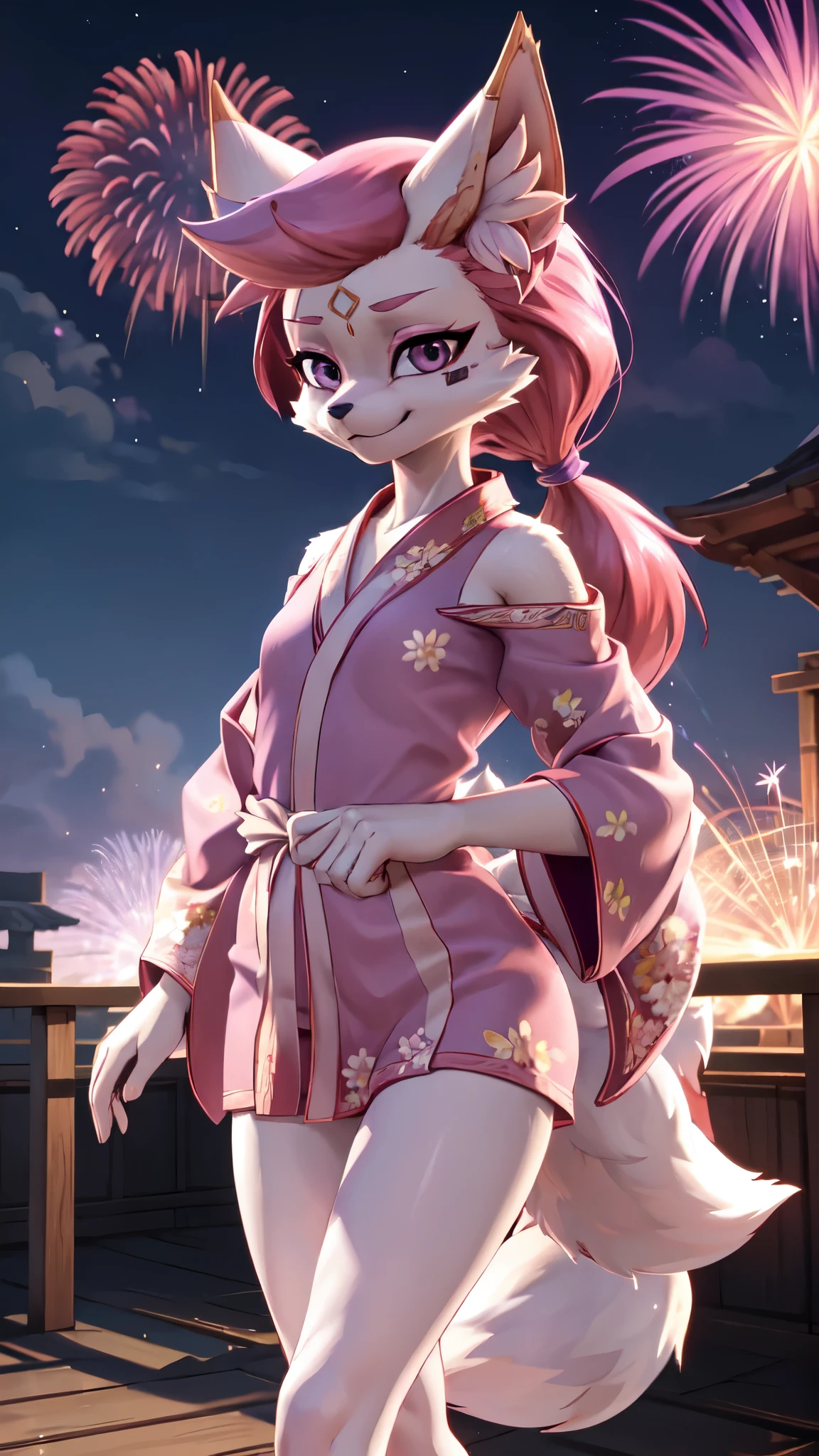 Kimiko Five-Tails, furry female anthro, fox girl, white body fur, pink hair, ((pink kimono, lilac flower on hair)), small breasts, detailed body fur, detailed body, detailed face, detailed eyes, glistering body, shiny body, skinny, :3, multiple tails, multi tail, solo, body fur, (best quality), fireworks, festival, night sky, cinematic lighting, anime style, short ponytail, scar on the eye, 2D, standing,