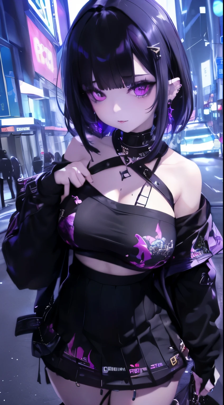 4k-ultra sharp、highest quality, masterpiece, ultra high resolution, (reality: 1.4),  1 girl, purple eyes, off shoulder, cinematic lighting、purple and black hair、(mine girl、mine makeup)、(Pierced ears、big breasts、Oversized black T-shirt with open shoulders、dark mini skirt)、((dark makeup、oil skin,sparkling skin、realistic skin texture、detailed beautiful skin、shiny skin)), dark downtown area at night、kabukicho、Dark Cyberpunk、(full shot:1.8)