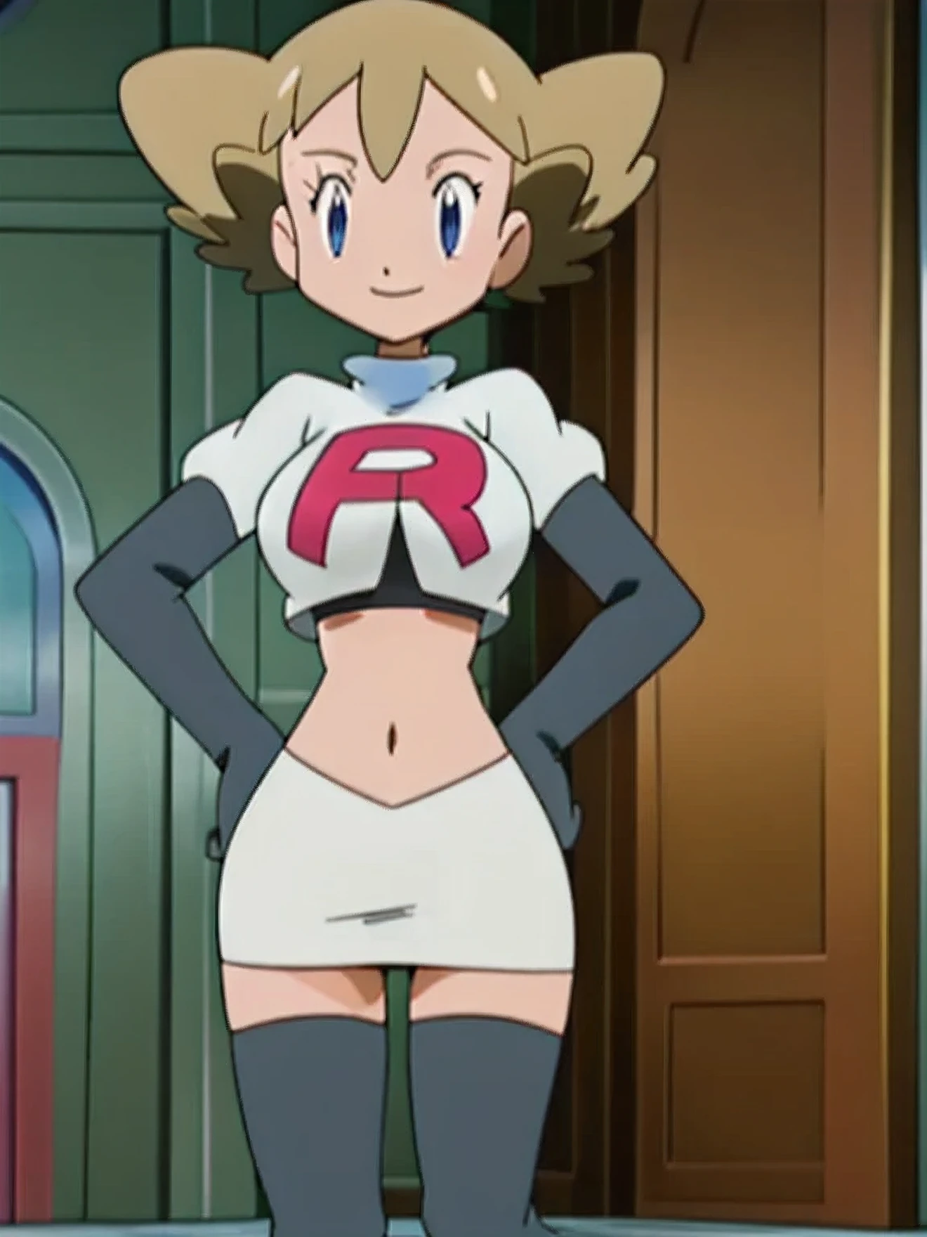 8k,1girl in, (solo:1.1), (perfect body:1.1), (best quality:1.1), very large breast, team rocket, team rocket uniform, red letter r, white skirt,white crop top,black thigh-high boots, black elbow gloves, smiling, looking down at viewer, hands on hips,zettai ryouiki,cowboy shot