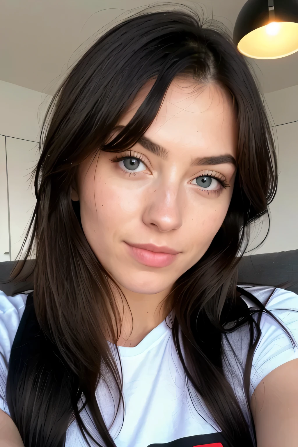 beautiful woman, Langes glattes dunkles Haar, ohne Muttermale im Gesicht, mouth slightly open, wears a white T-shirt with no print, wears black leggings, Vorderansicht (Abends in einem modern eingerichteten Wohnzimmer auf einem Sofa sitzend), Peyton List (1986), Sehr detailliert, 20 Jahre, natural wave hair, Hair length approximately to chest height, blaue Augen, high resolution, Meisterwerk, best quality, Komplizierte Details, sehr detailliert, scharfer Fokus, detaillierte Haut ohne Muttermale im Gesicht, detaillierte Augen, 8k resolution, Cannon shooting, 85mm, shallow depth of field, Perfectly fitting body, extremely detailed, Fotorealistisch, Realistisch, Maximale Detailgenauigkeit, wahres Leben, Ultra Realistisch, stimmungsvolle dunkle Beleuchtung