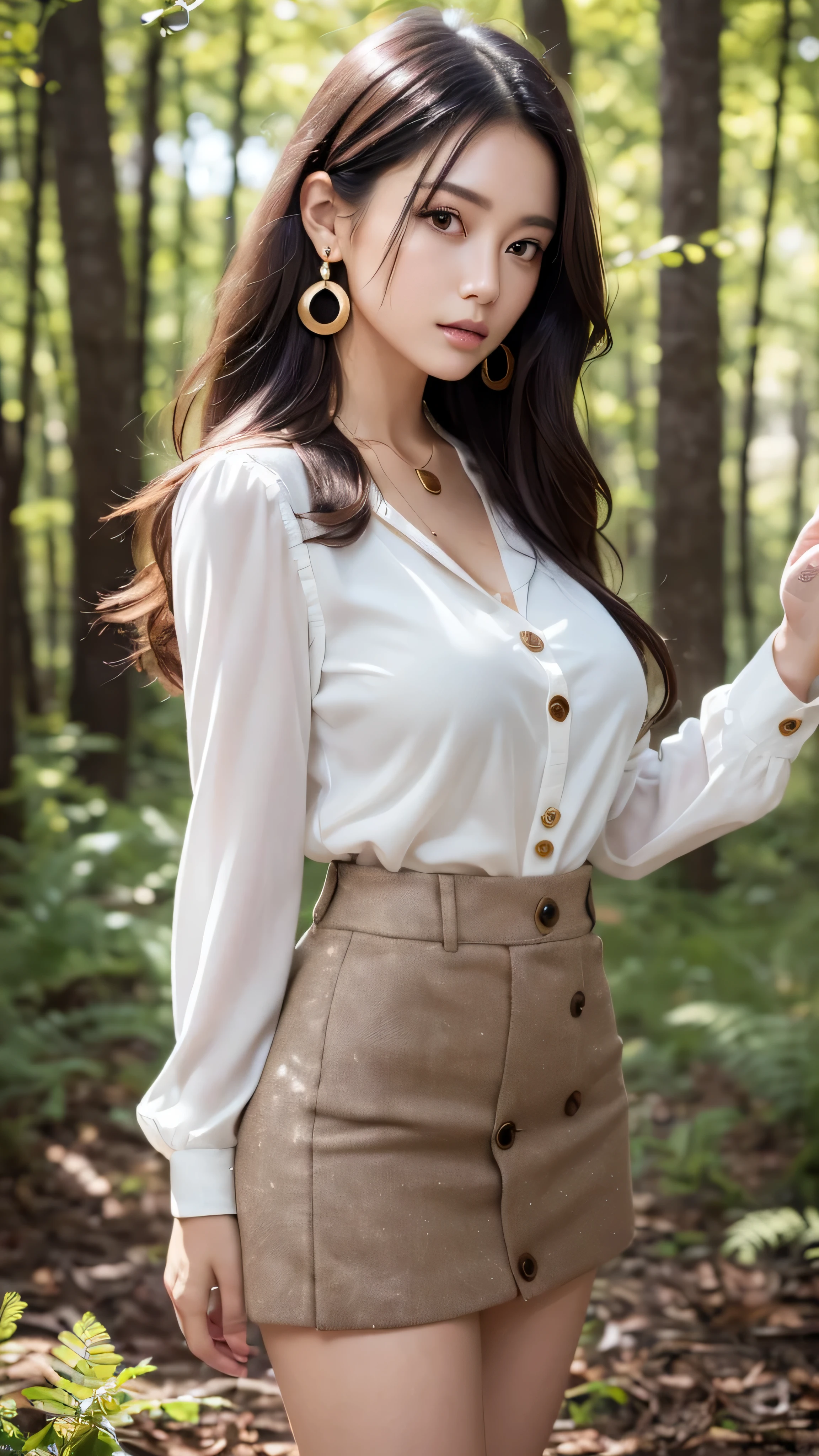 (8K, 超A high resolution,The ultra -The high-definition、Raw photo、 Best Quality, masutepiece:1.5)、RAW portrait of japanese girl、超A high resolution、top-quality、 (huge-breasted、stick out chest:1.3)、｛Hide all breasts｝(fitting room:1.2) BREAK (Natural Skin Texture、Detailed skin、Hyper-Realism、ultra sharpness)、intricate detailes、depth of fields、Sexy adult woman、((​masterpiece、top-quality、high-detail))、(Photorealsitic:1.4)、solo、big eye、Distinct double eyelids、Absolute area、Clean collarbone、face perfect、thin lips、a small face、(gazing at viewer、Highlights in the eyes、Light brown eyes、lipgloss)、(From the side:1.2),((Super long brown hair:1.2))、((Hair with loose waves inside:1.2)),((gold necklace＿Large earrings:1.2)),((No expression＿melancholy:1.3))、((in woods:1.4))((full figure supermodel standing, entire body in frame))、fullbody shot、((((white long sleeve button blouse_brown tweed miniskirt:1.3)),