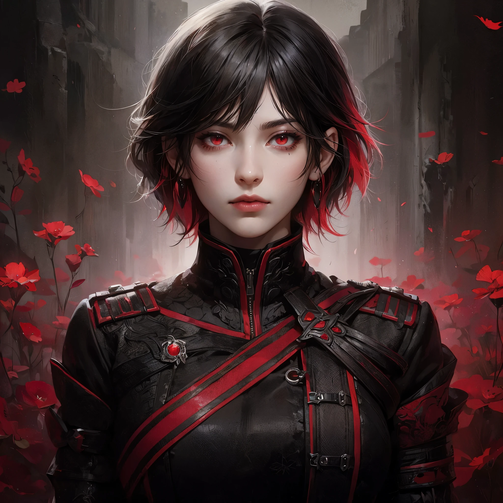 a fantasy novel style of a character portrait. She is 23 years old. She has black and red short hair. She is pretty with red eyes. She is wearing black and red medieval feminine fantasy warrior style gear. She is beautiful. Red force powers. Pose. Length picture. Brow raised. Full far Length portrait. Red flowers dystopian background. Dark tragic theme.