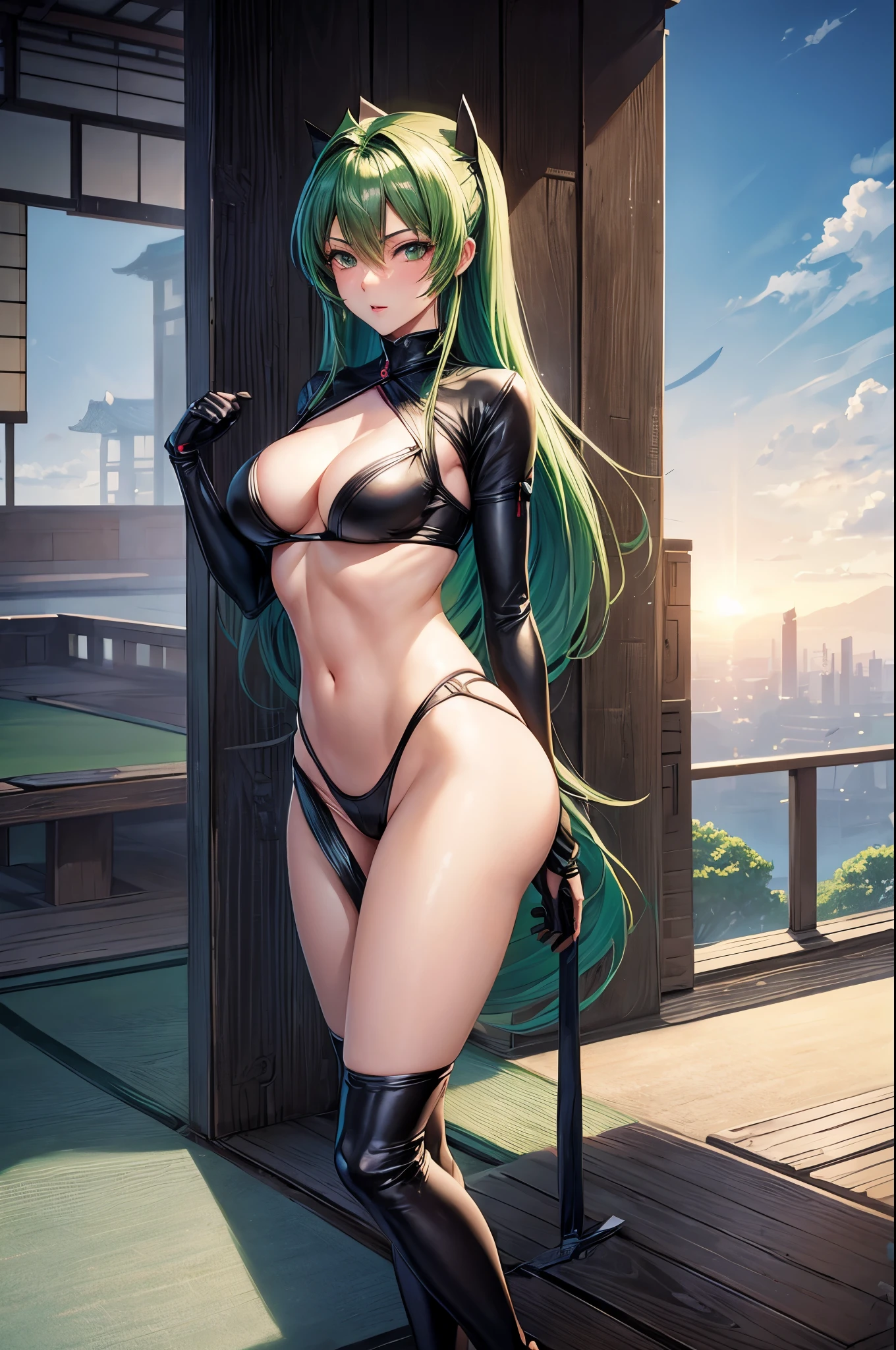 a sexy japanese woman wear ninja , ninja outfit, on a tower, fog, soft light, (best quality), (masterpiece), slim, long legs, (flat chested), anime, (green hair)