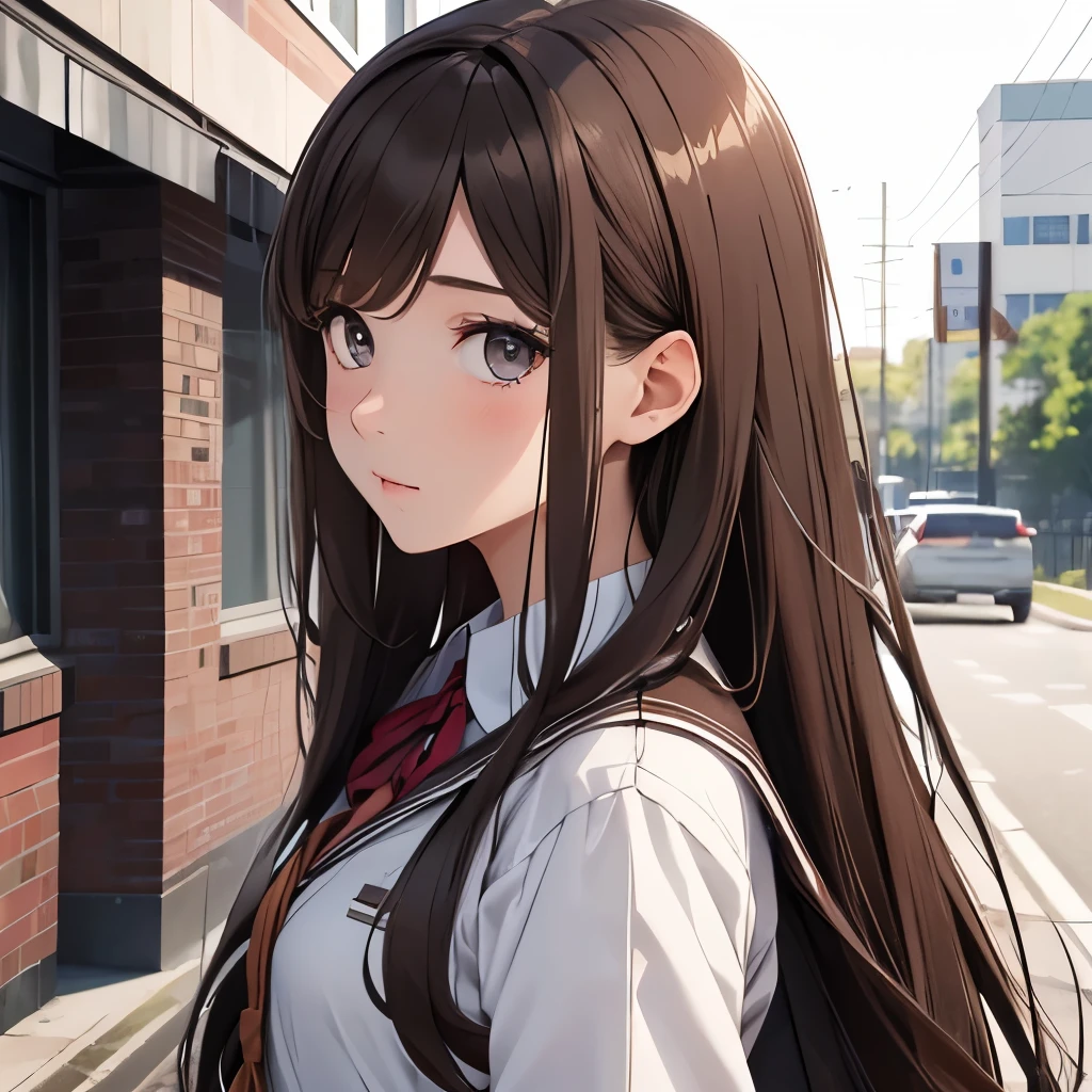 Girl, long brown hair, gray eyes, sharp features, white skin, young woman, school uniform