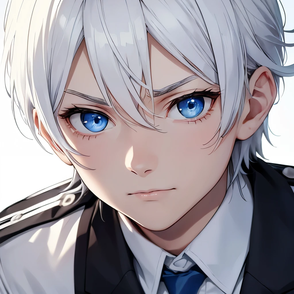 Boy, soft white hair, blue eyes, serious sharp features, white skin, young man, school uniform