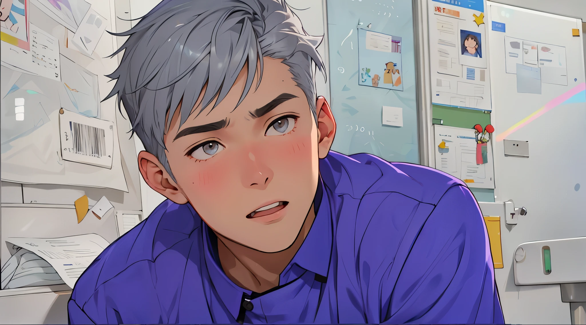 There is a cute high school boy, he is amazed, surprised, in disbelief, gray eyes, silver hair, he is at the school address.