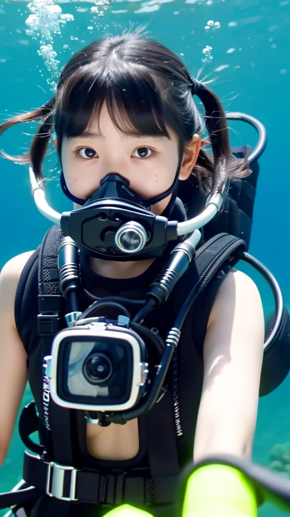 Solo, black eyes and black hair twintails, Scuba Diving, Japanese -yeld gibreathes into a regulator from a scuba tank, UHD, high details, best quality, high quality, 1080P, 16k, masterpiece