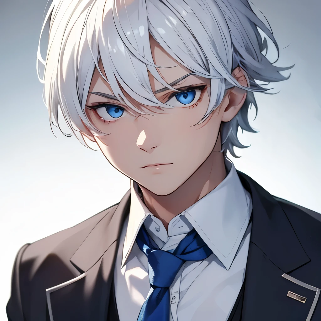 Boy, soft white hair, blue eyes, serious sharp features, white skin, young man, school uniform