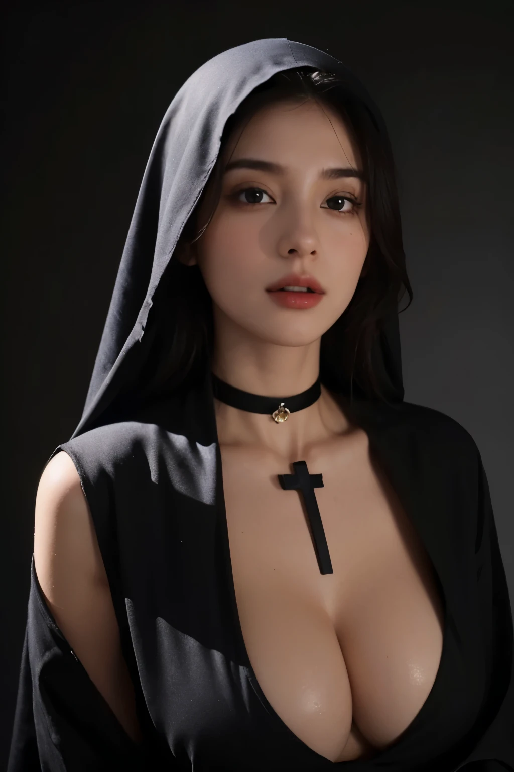 woman nun in black robe, Beautiful italian woman, a sexy girl, a beautiful, big open breasts tits, photo of a beautiful, Young sexy woman, beautifully soft lighting, The Goddess, woman, detailed eyes and face, beautiful detailed eyes, choker cross around the neck, beautiful detailed lips, extremely detailed eyes and face, Sexy young woman, Gray background, gorgeous soft lighting