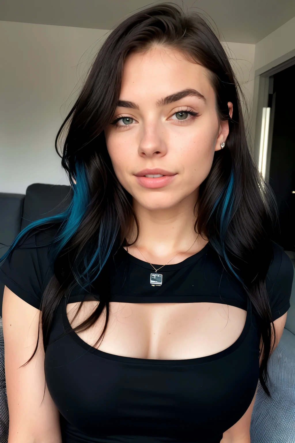 beautiful woman, Langes glattes dunkles Haar, without birthmarks in her face, wears a white T-shirt with no print, wears black leggings, Vorderansicht (Abends in einem modern eingerichteten Wohnzimmer auf einem Sofa sitzend), Peyton List (1986), Sehr detailliert, 20 Jahre, natural wave hair, Hair length approximately up to chest height, blaue Augen, High Resolution, Meisterwerk, best quality, Komplizierte Details, sehr detailliert, scharfer Fokus, detaillierte Haut ohne Muttermale im Gesicht, detaillierte Augen, 8k resolution, Cannon shooting, 85mm, shallow depth of field, Perfectly fitting body, extremely detailed, Fotorealistisch, Realistisch, Maximale Detailgenauigkeit, wahres Leben, Ultra Realistisch, atmospheric dark lighting