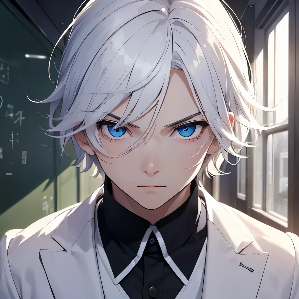 Boy, soft white hair, blue eyes, serious sharp features, white skin, young man, school uniform