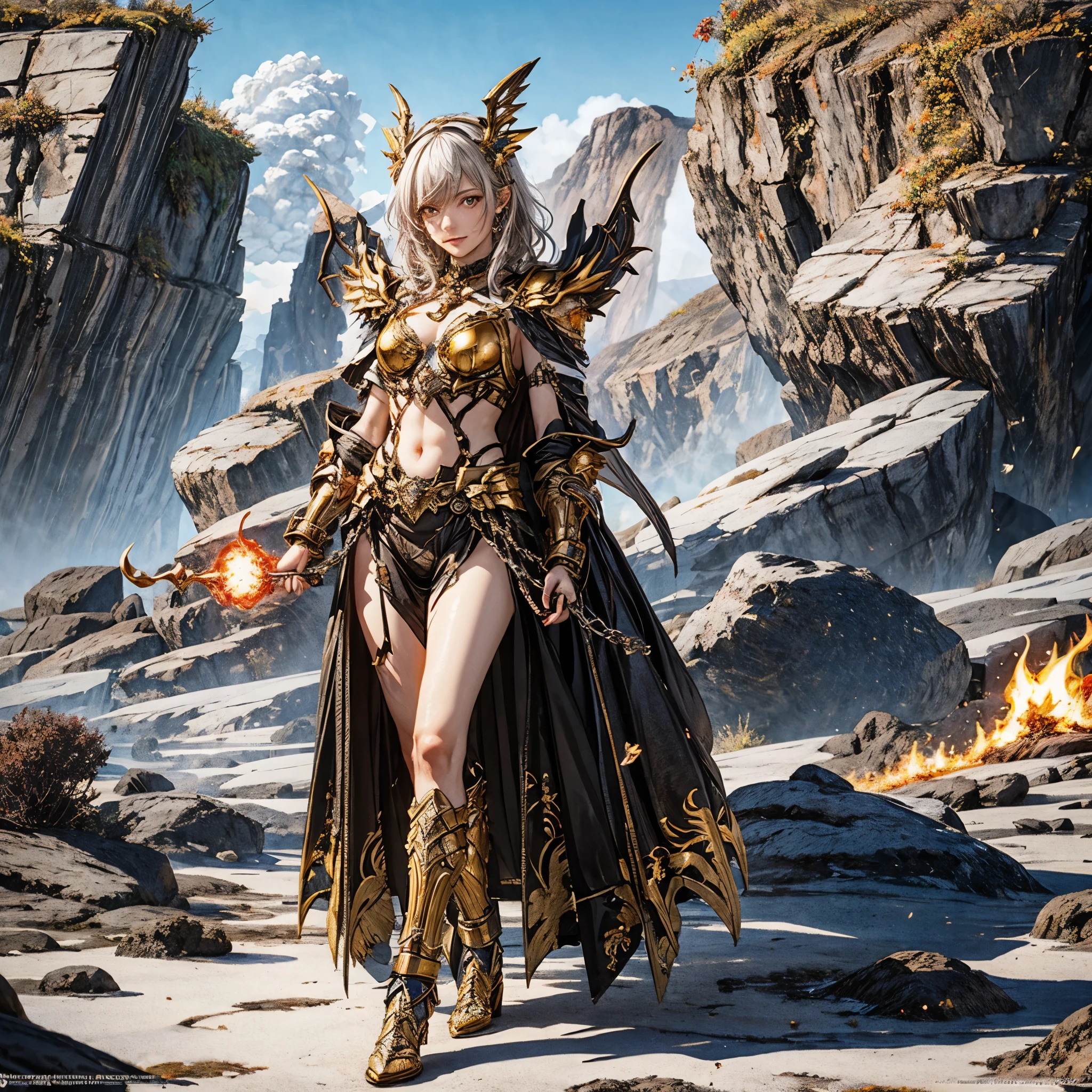 a beautiful demonic sorceress casting a fire spell,((holding a long golden majic staff )), standing and looking at viewers, various burning chains around her,(((detailed perfect face))),light smile, beautiful face, seductive body,tall body, mature body, BREAK burning aura, fire balls, orange and yellow spark dazzling around, small blue phoenix flying in the background, lava on the ground, magma, sexy body BREAK,Detailed,Realistic,4k highly detailed digital art,octane render, bioluminescent, BREAK 8K resolution concept art, realism,by Mappa studios,masterpiece,best quality,official art,illustration,ligne claire,(cool_color),perfect composition,absurdres, fantasy,focused,rule of thirds,
